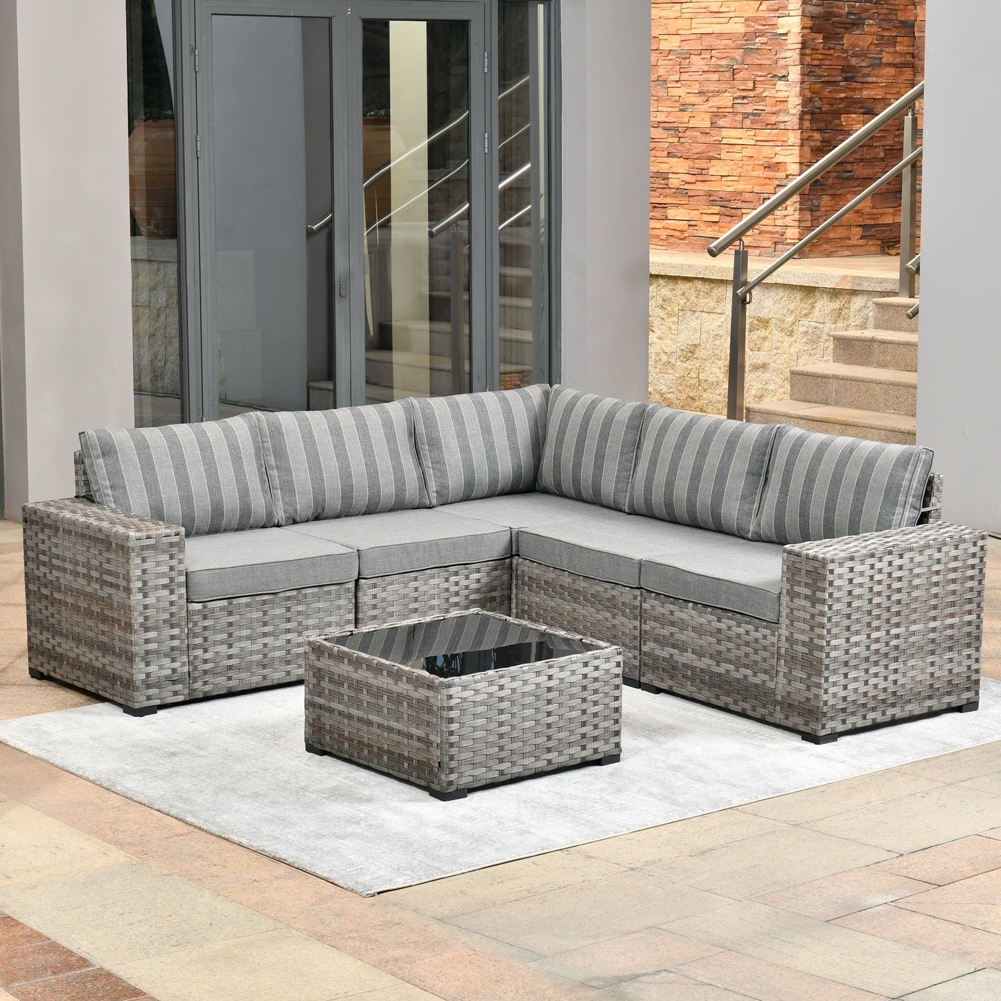 Ensemble de meubles de patio en osier OVIOS, 6 pièces, avec bras larges et table
