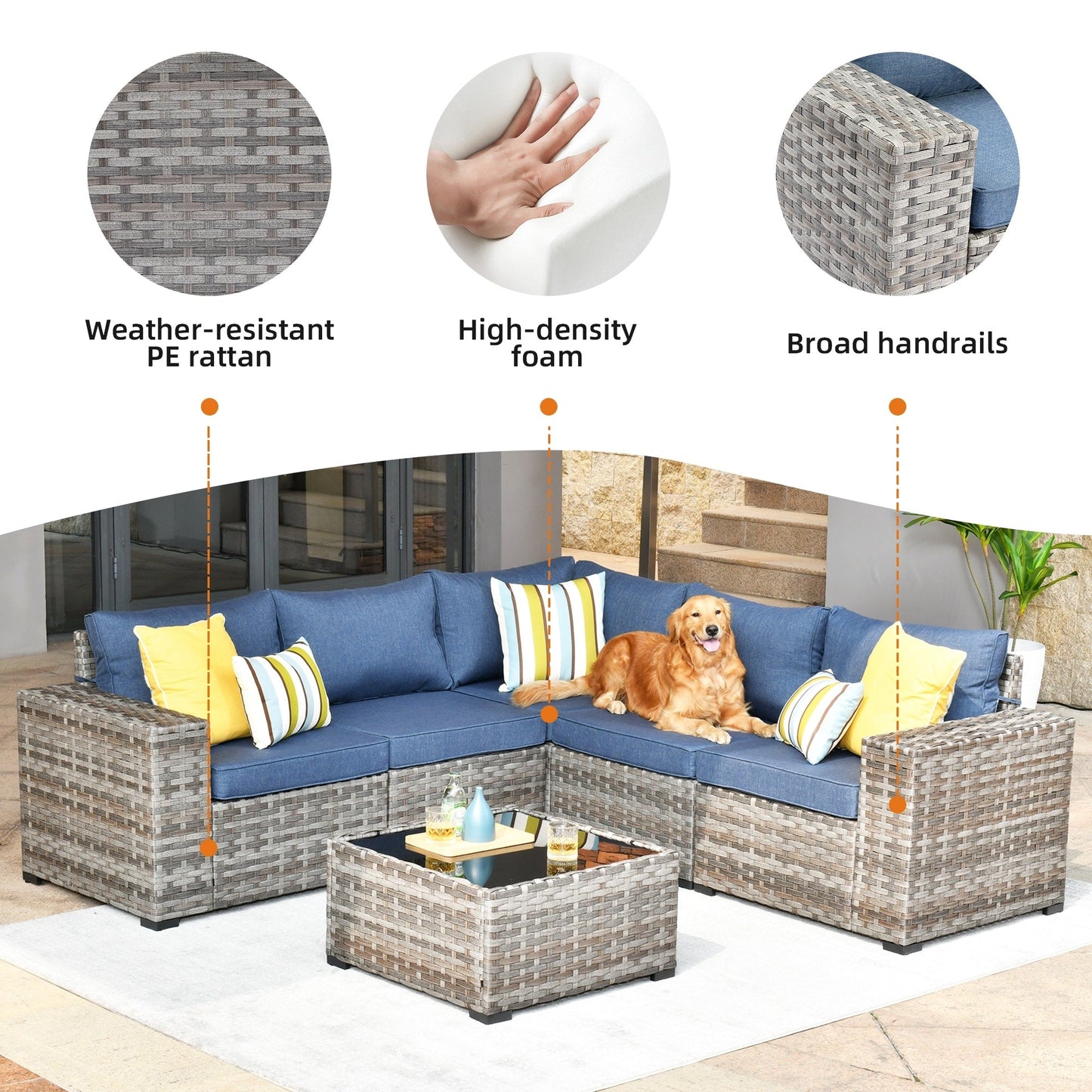 Ensemble de meubles de patio en osier OVIOS, 6 pièces, avec bras larges et table
