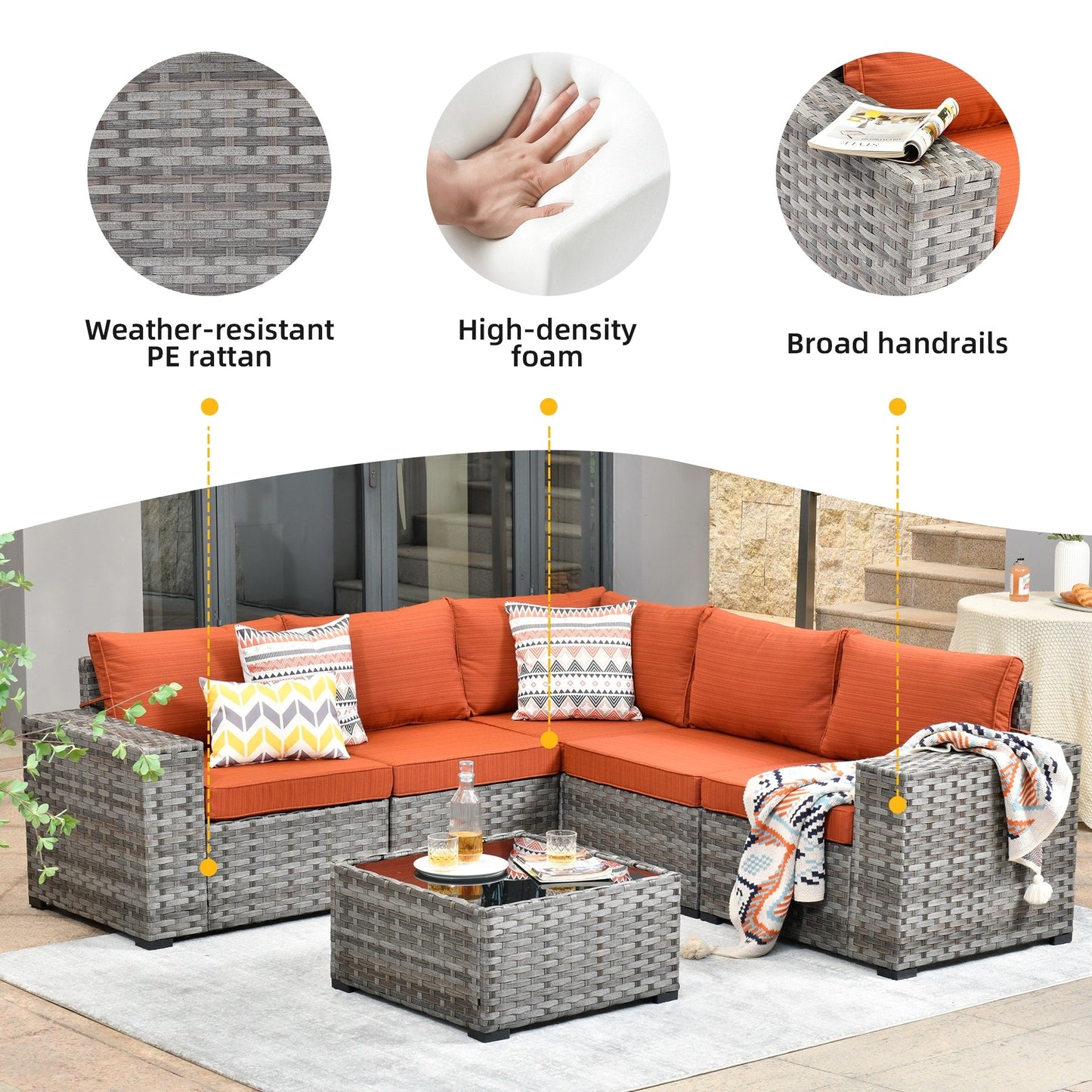 Ensemble de meubles de patio en osier OVIOS, 6 pièces, avec bras larges et table