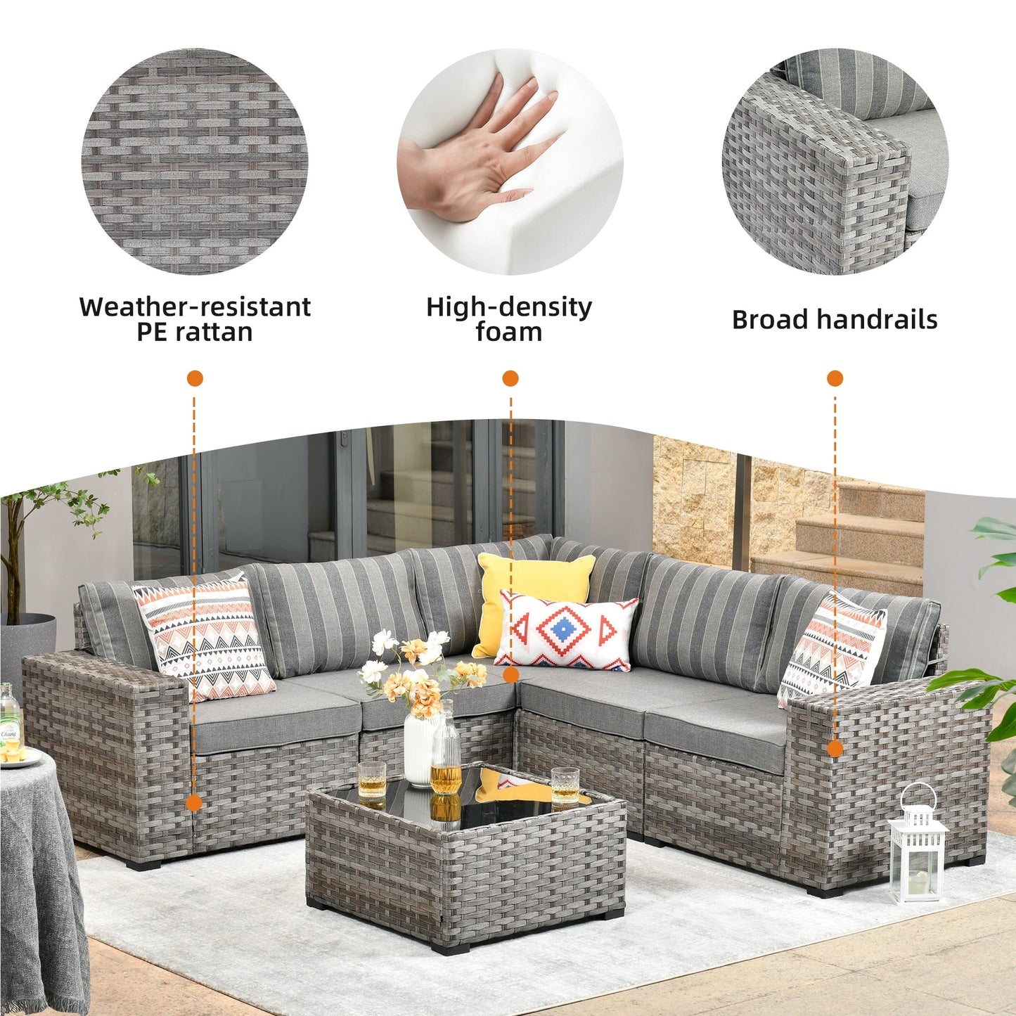 Ensemble de meubles de patio en osier OVIOS, 6 pièces, avec bras larges et table
