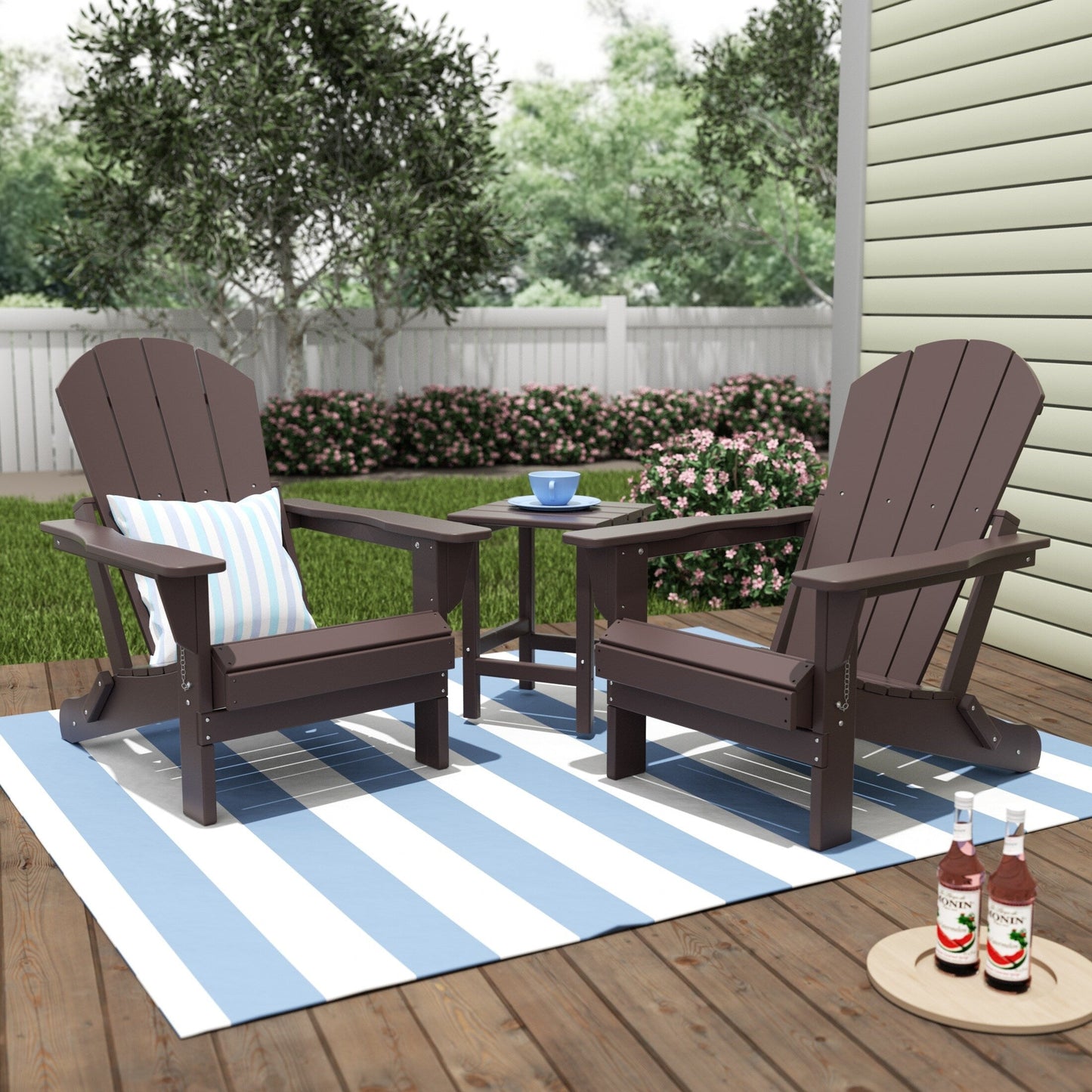 Chaises Adirondack pliables Polytrends Laguna en PEHD, toutes saisons, avec table d'appoint (ensemble de 3 pièces)