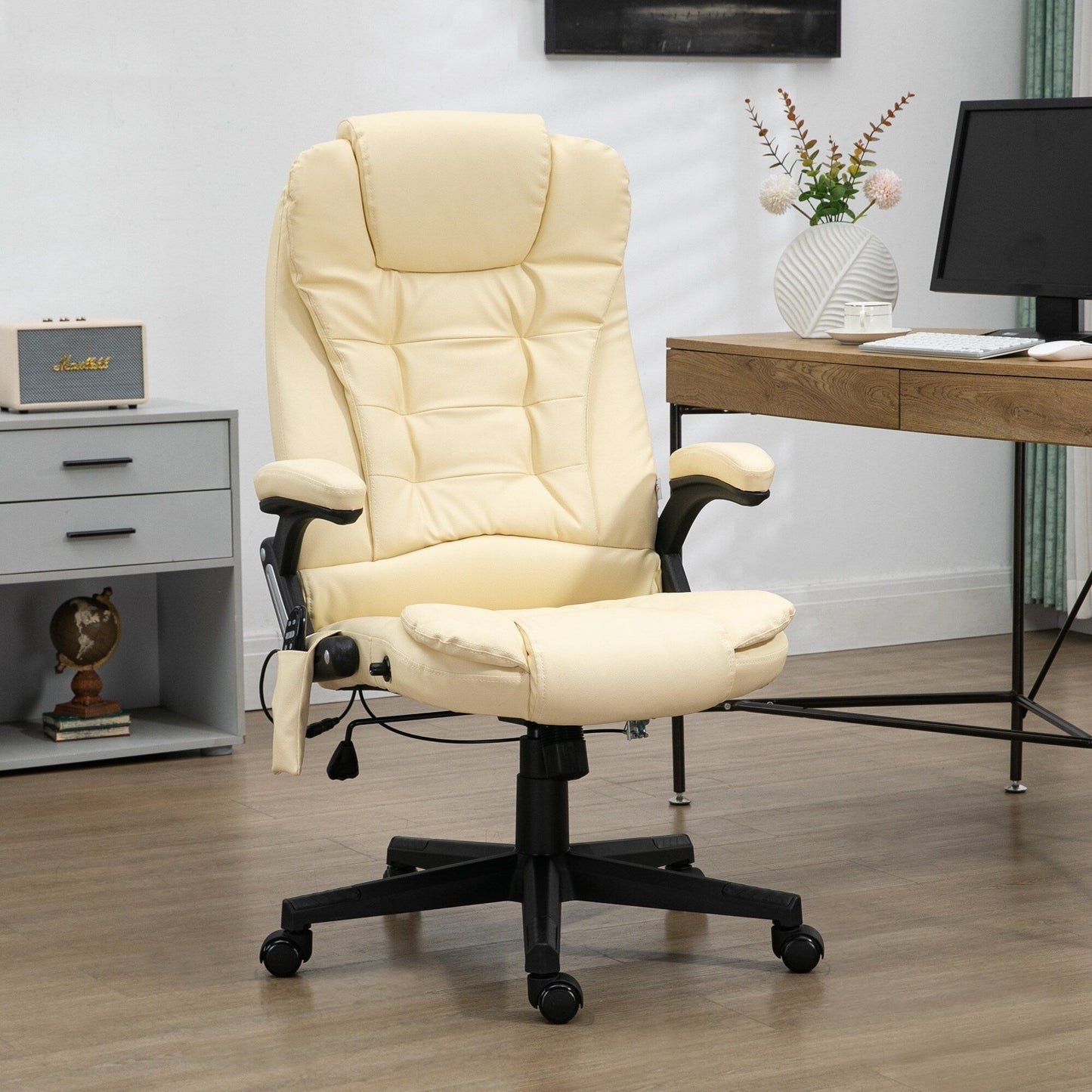 Fauteuil de bureau inclinable pivotant à 360° en cuir PU avec massage par vibrations, chauffage lombaire et hauteur réglable