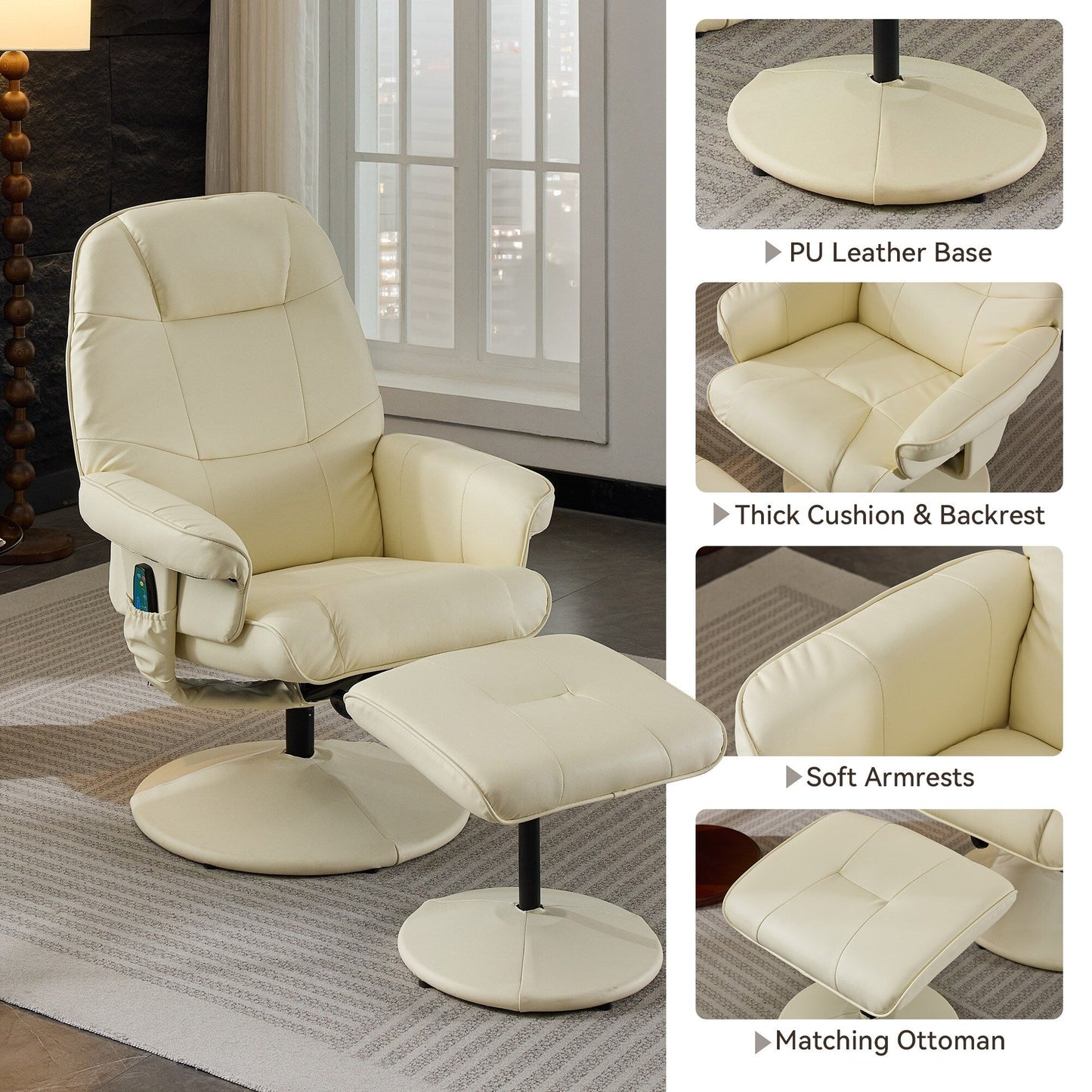 Fauteuil inclinable massant pivotant à 360° en cuir PU avec ottoman, siège massant et chauffant, dossier réglable à 140°