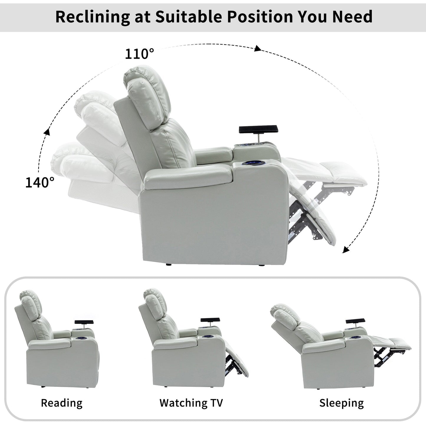 Fauteuil de massage en cuir PU avec porte-gobelet, haut-parleur Bluetooth et ports USB Fauteuil inclinable pour cinéma maison avec plateau