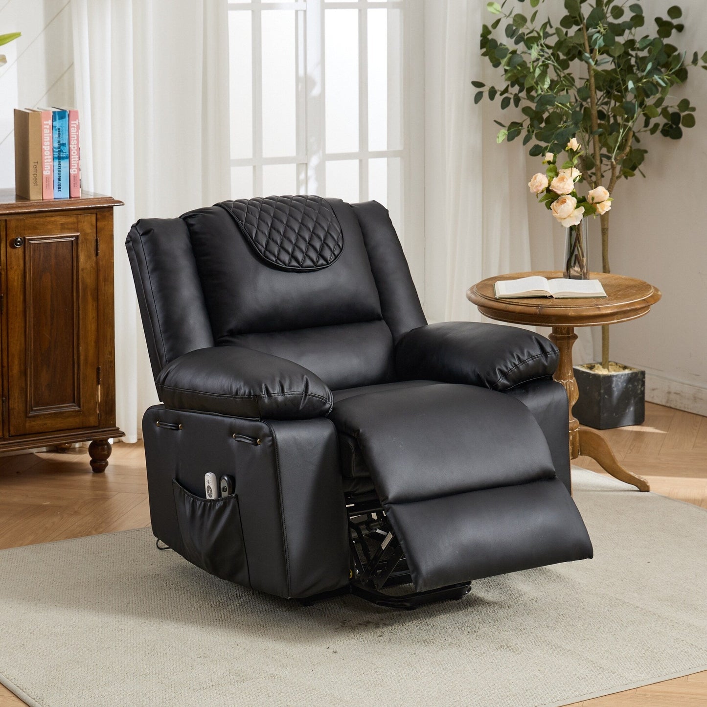 Fauteuil inclinable électrique en cuir PU avec releveur et massage, télécommande, siège large, confort pour personnes âgées