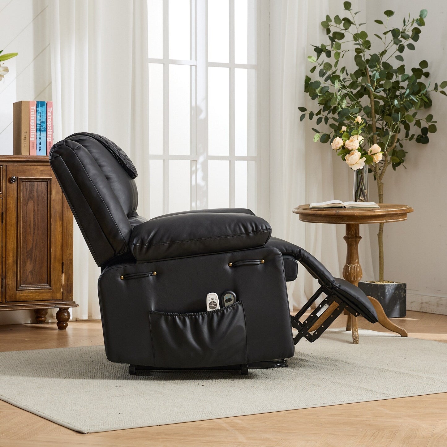 Fauteuil inclinable électrique en cuir PU avec releveur et massage, télécommande, siège large, confort pour personnes âgées