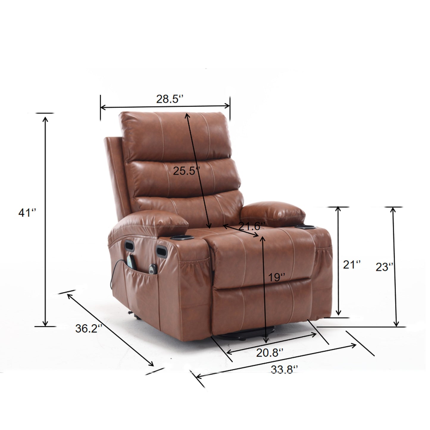 Fauteuil inclinable électrique en cuir PU avec massage, chauffage et porte-gobelets