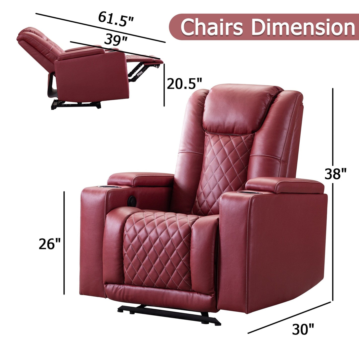 Fauteuil inclinable électrique en cuir PU pour home cinéma avec porte-gobelet et port USB