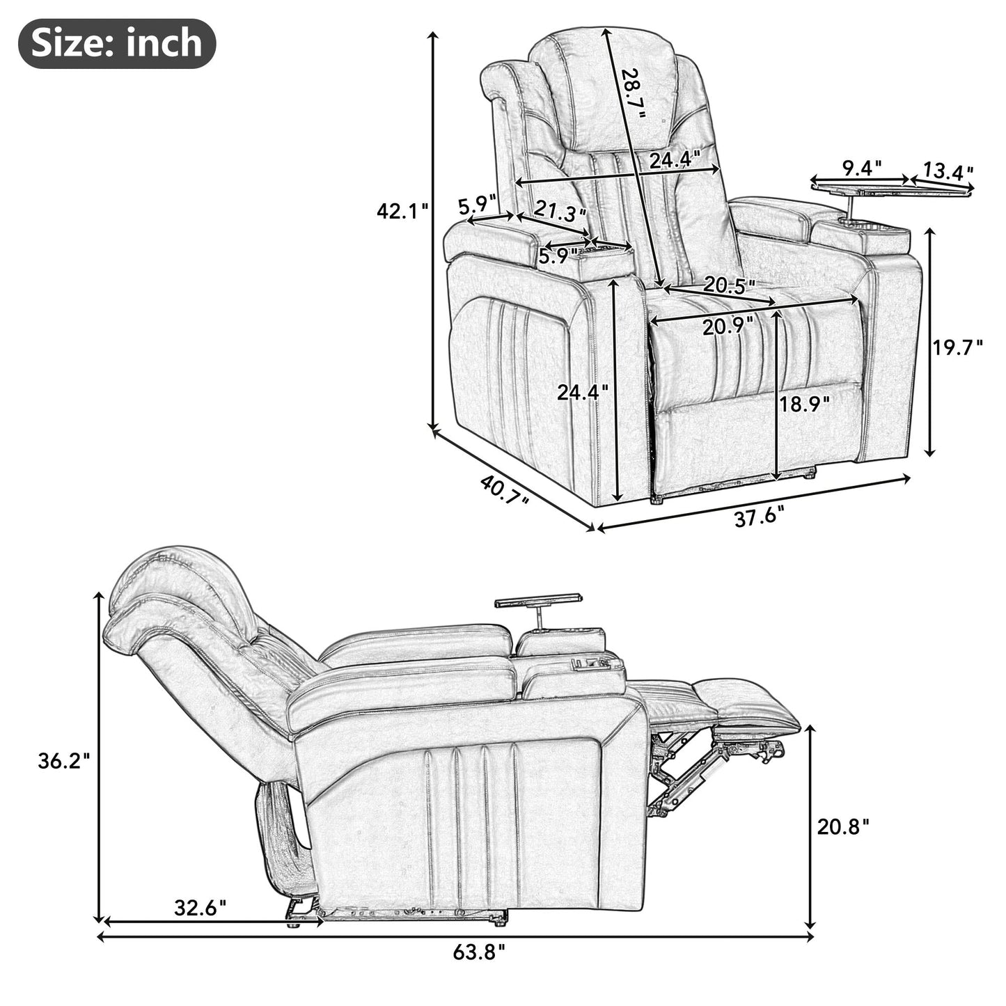 Fauteuil inclinable électrique en cuir synthétique pour home cinéma avec appui-tête réglable électriquement, chargeur sans fil, port USB et accoudoirs de rangement