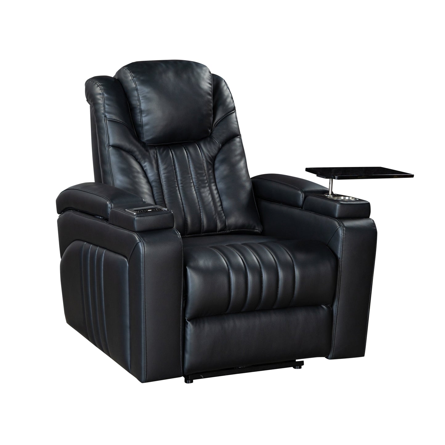 Fauteuil inclinable électrique en cuir synthétique pour home cinéma avec appui-tête réglable électriquement, chargeur sans fil, port USB et accoudoirs de rangement