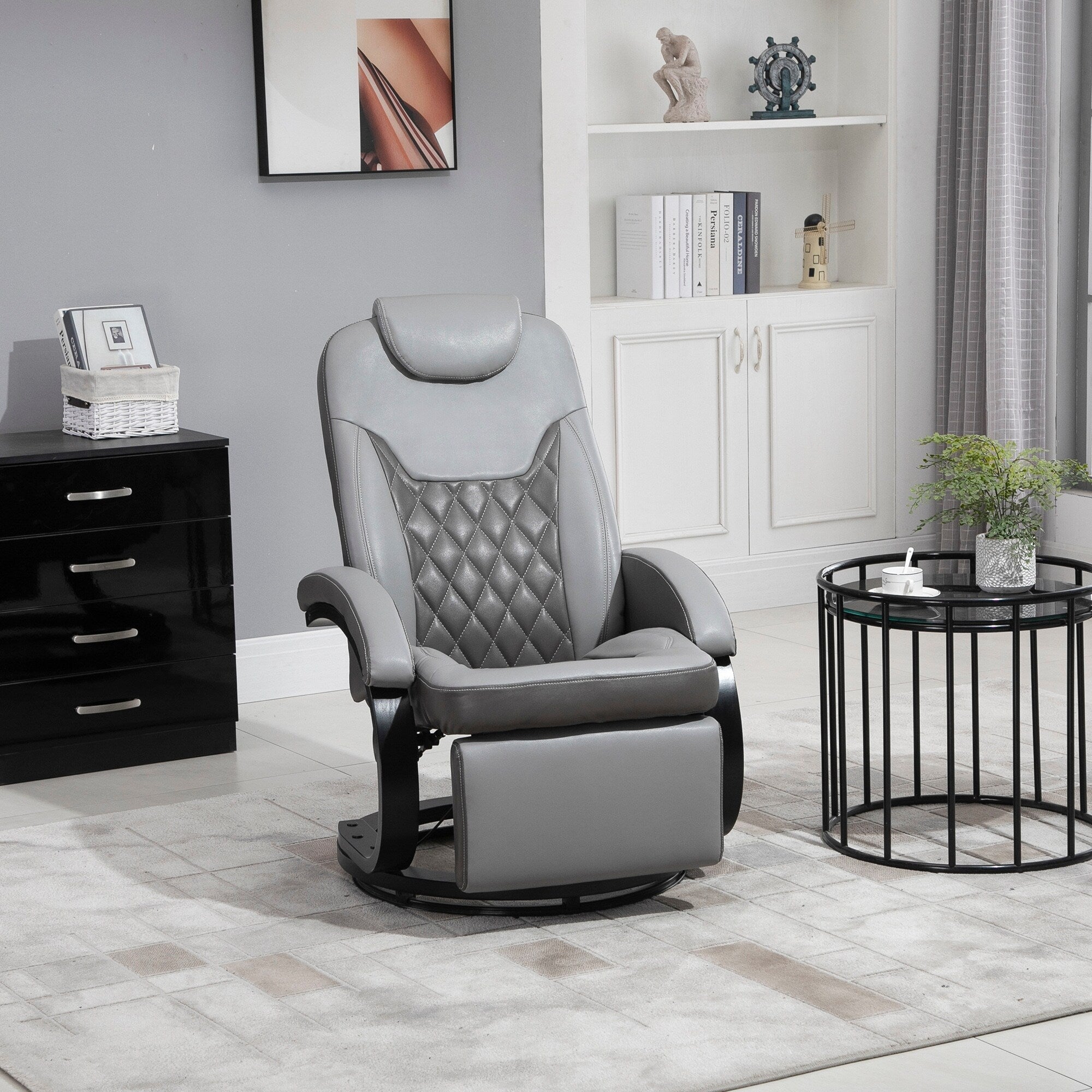 Fauteuil inclinable en cuir synthétique avec repose-pieds, coutures en losange, inclinaison à 135°, pivot à 360°, base en acier/bois et appui-tête