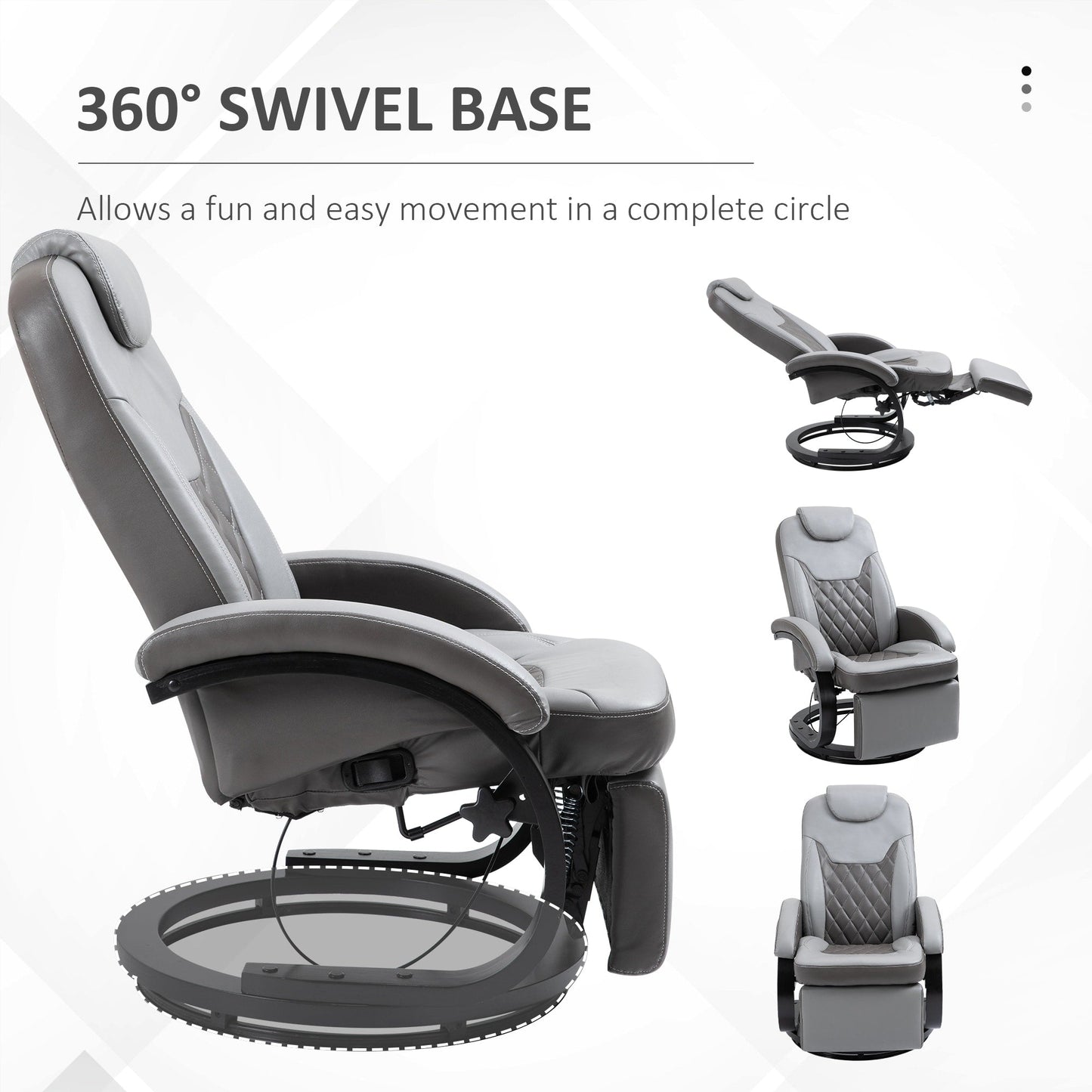 Fauteuil inclinable en cuir synthétique avec coutures en losange, inclinaison à 135°, pivot à 360° et base robuste en acier et bois