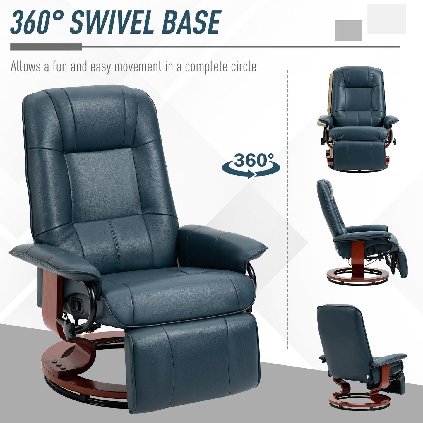 Fauteuil inclinable pivotant en cuir synthétique avec base en bois, accoudoirs rembourrés et inclinaison manuelle