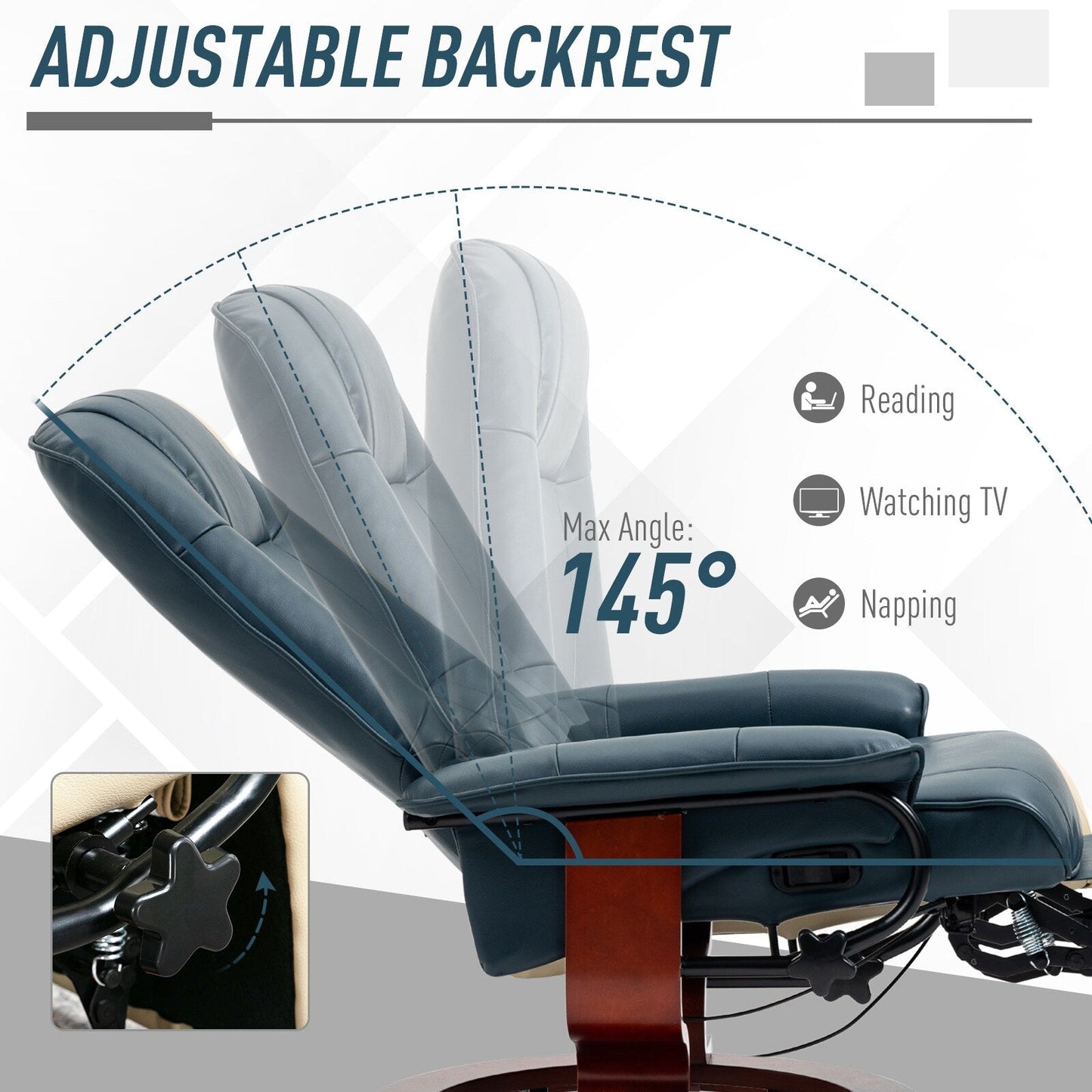 Fauteuil inclinable pivotant en cuir synthétique avec base en bois, accoudoirs rembourrés et inclinaison manuelle