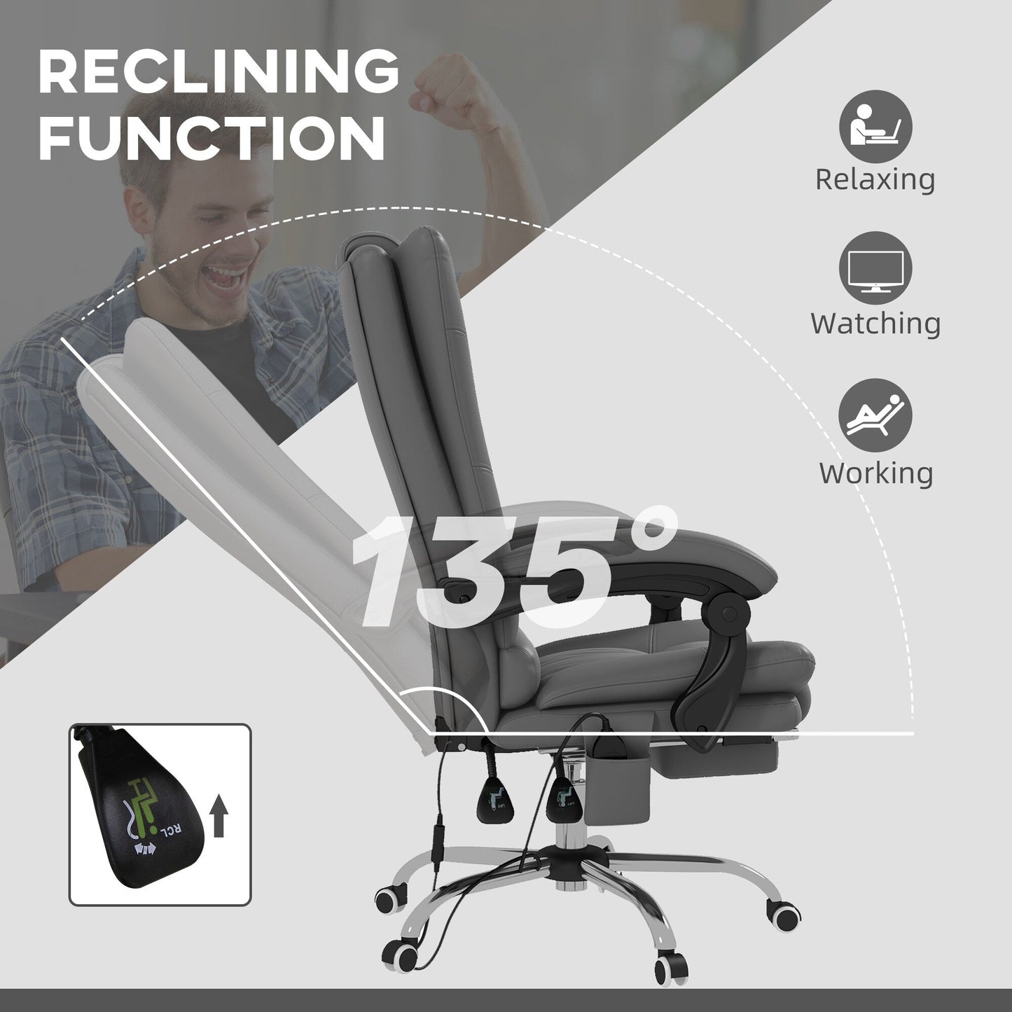 Fauteuil de bureau chauffant en cuir PU avec massage par vibrations, dossier inclinable de 135°, repose-pieds réglable et télécommande.