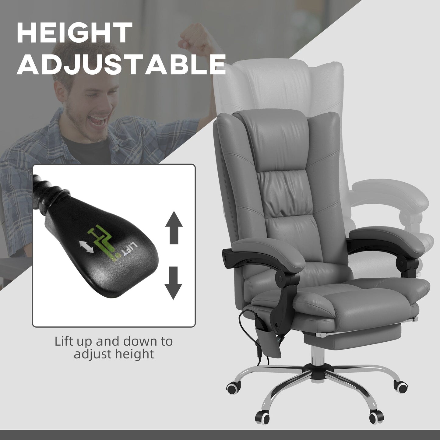 Fauteuil de bureau chauffant en cuir PU avec massage par vibrations, dossier inclinable de 135°, repose-pieds réglable et télécommande.