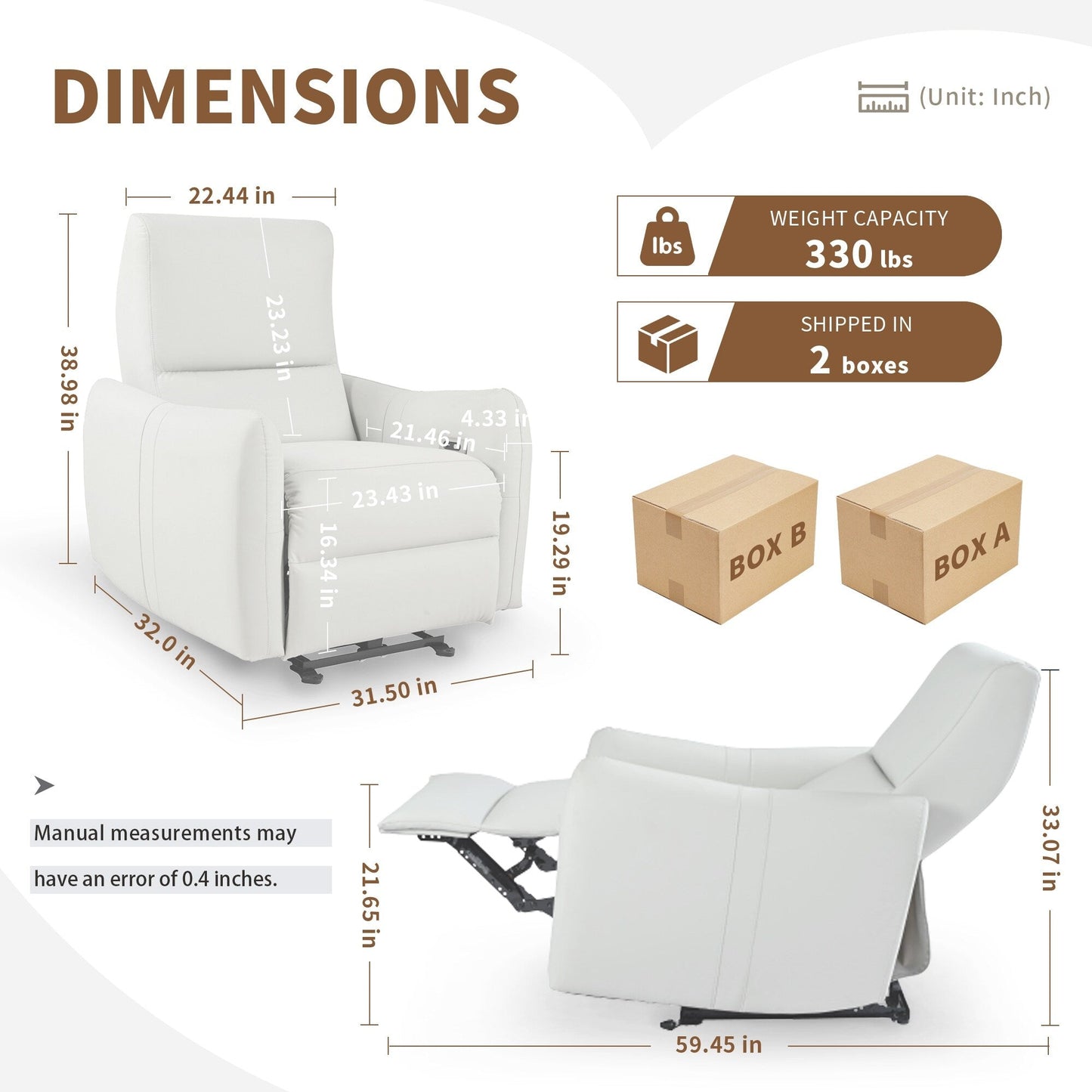 Fauteuil inclinable électrique en cuir PU avec port USB-C et capacité de charge de 150 kg