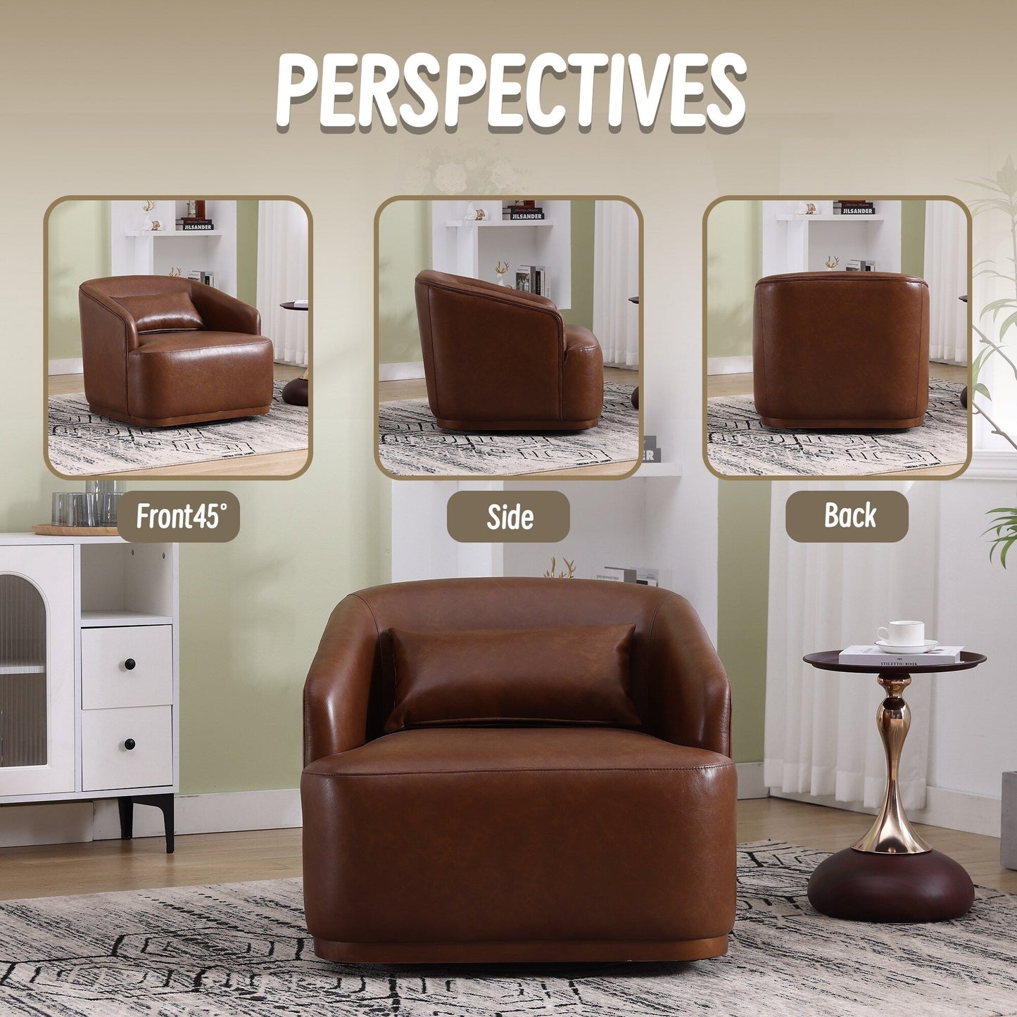 Fauteuil pivotant en polyuréthane, fauteuil club rotatif à 360 degrés pour salon ou détente, fauteuil d'appoint confortable avec base en métal