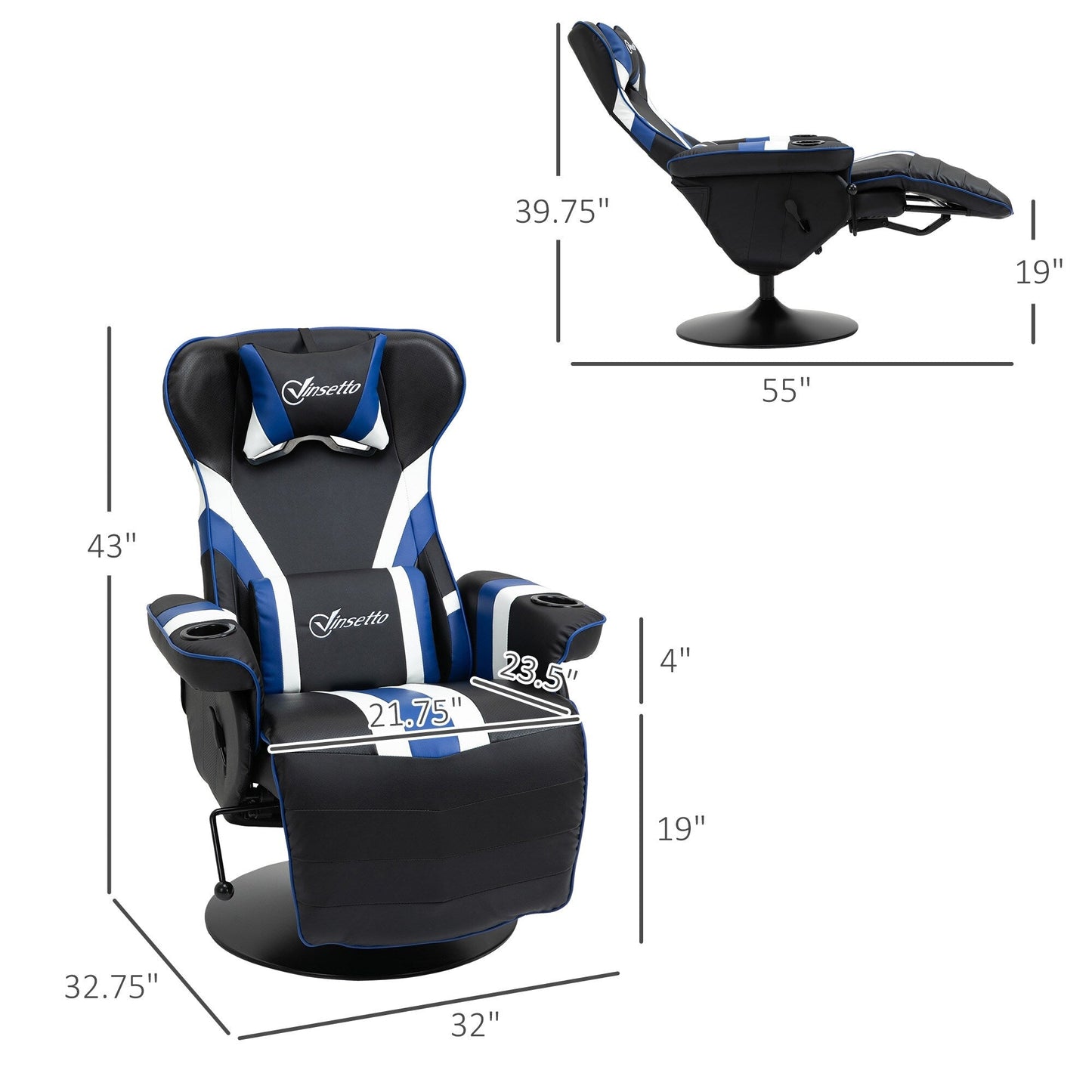 Fauteuil de jeu inclinable sans accoudoirs en PVC avec repose-pieds, porte-gobelets et coutures en losange