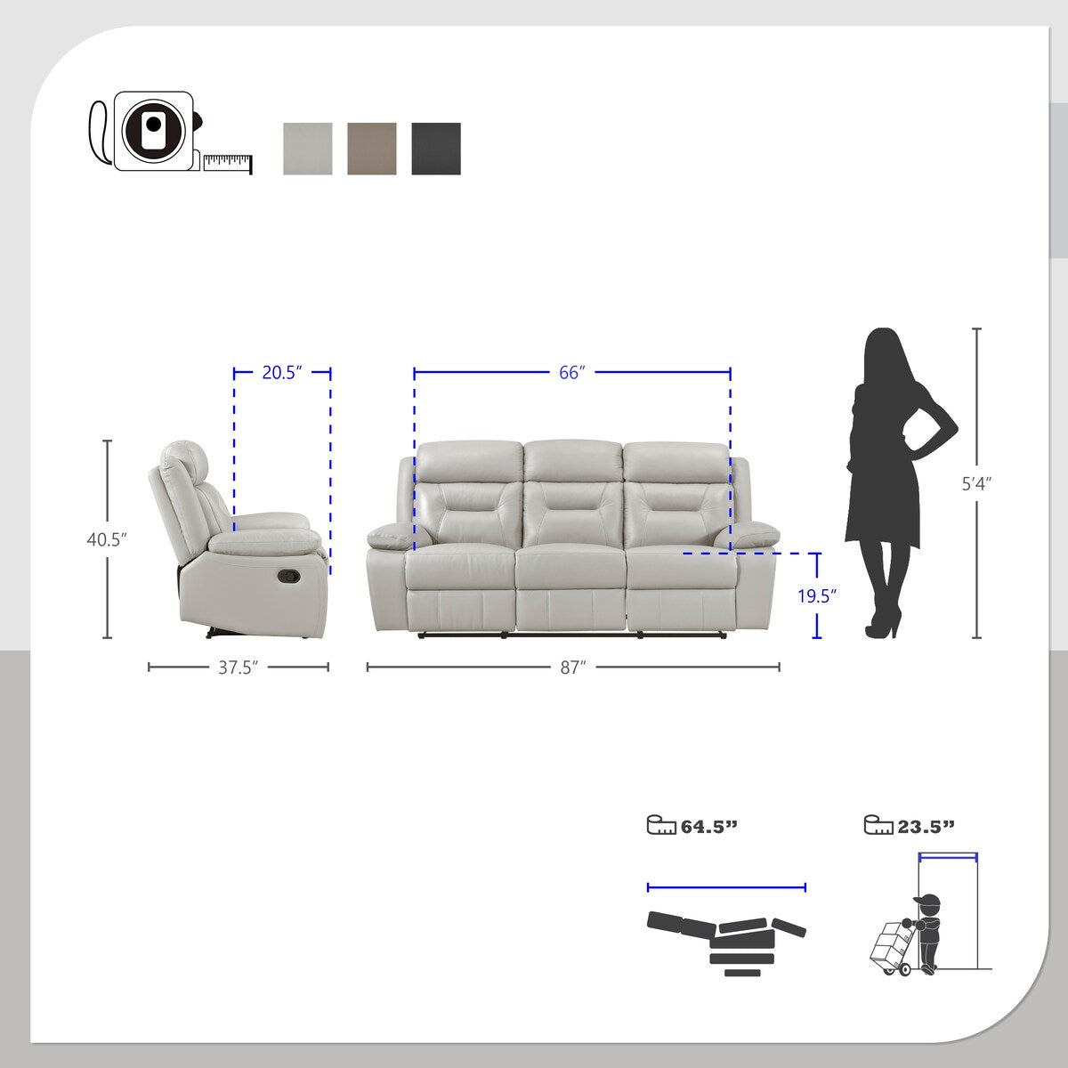 Canapé inclinable manuel double en cuir Papyrus