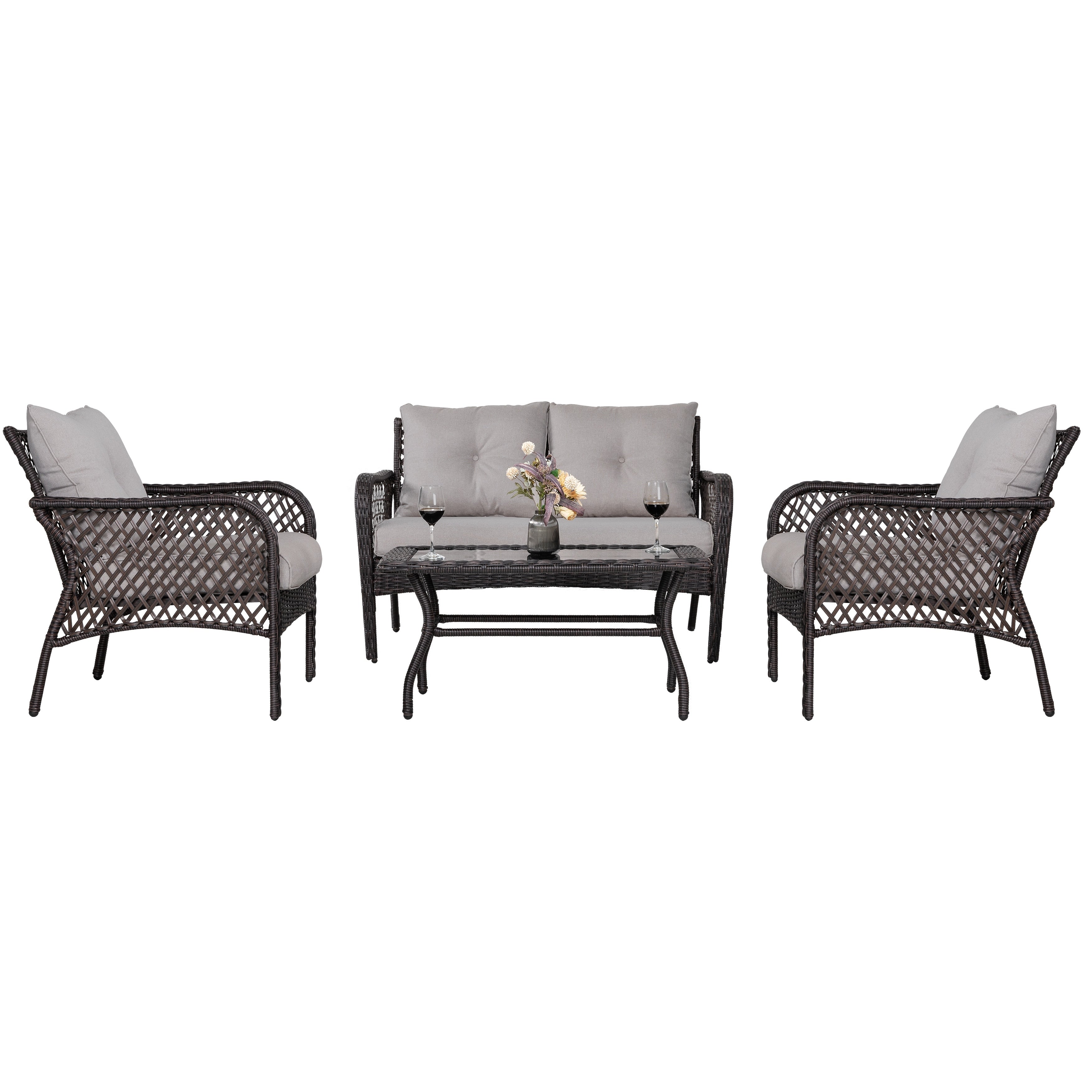 Ensemble de salon de jardin 4 pièces en osier avec table et coussins, marron