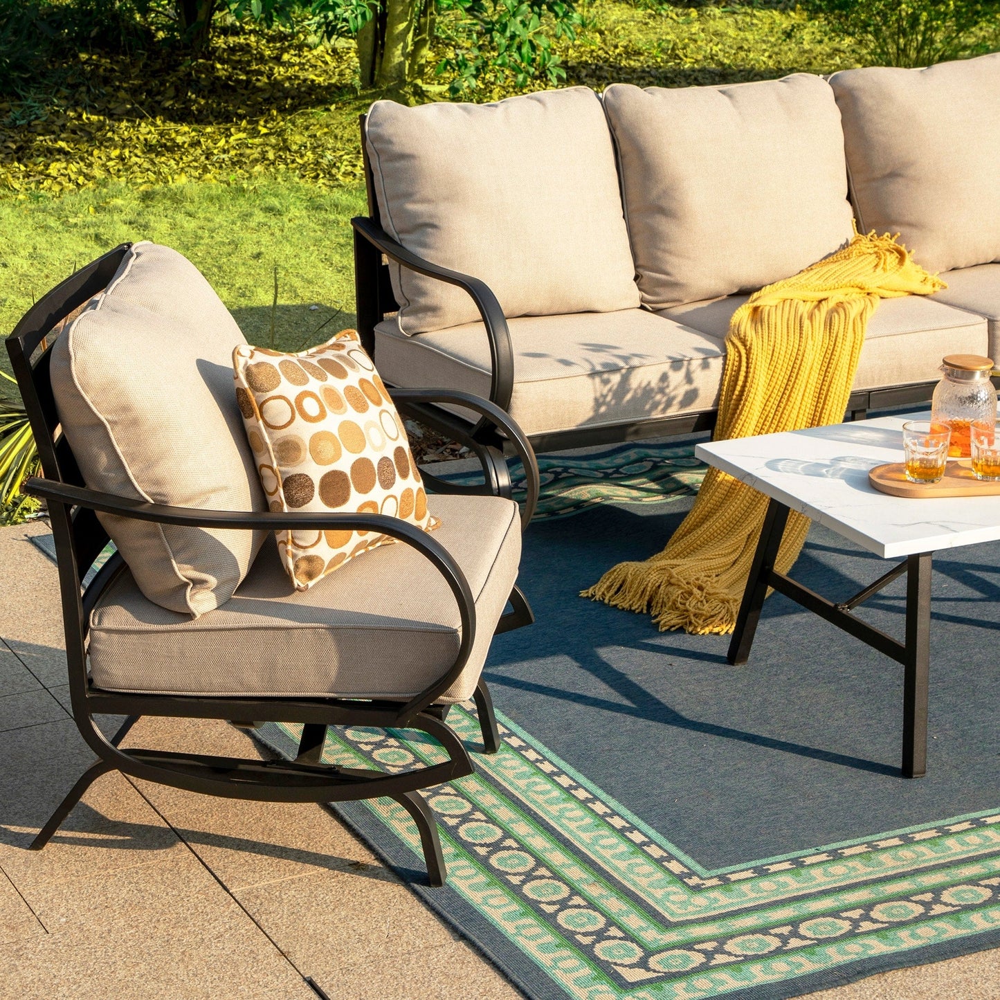Ensemble de salon de jardin MAISON ARTS 5/7/9 places, canapé d'extérieur avec fauteuils simples, canapé 3 places, pouf et table basse
