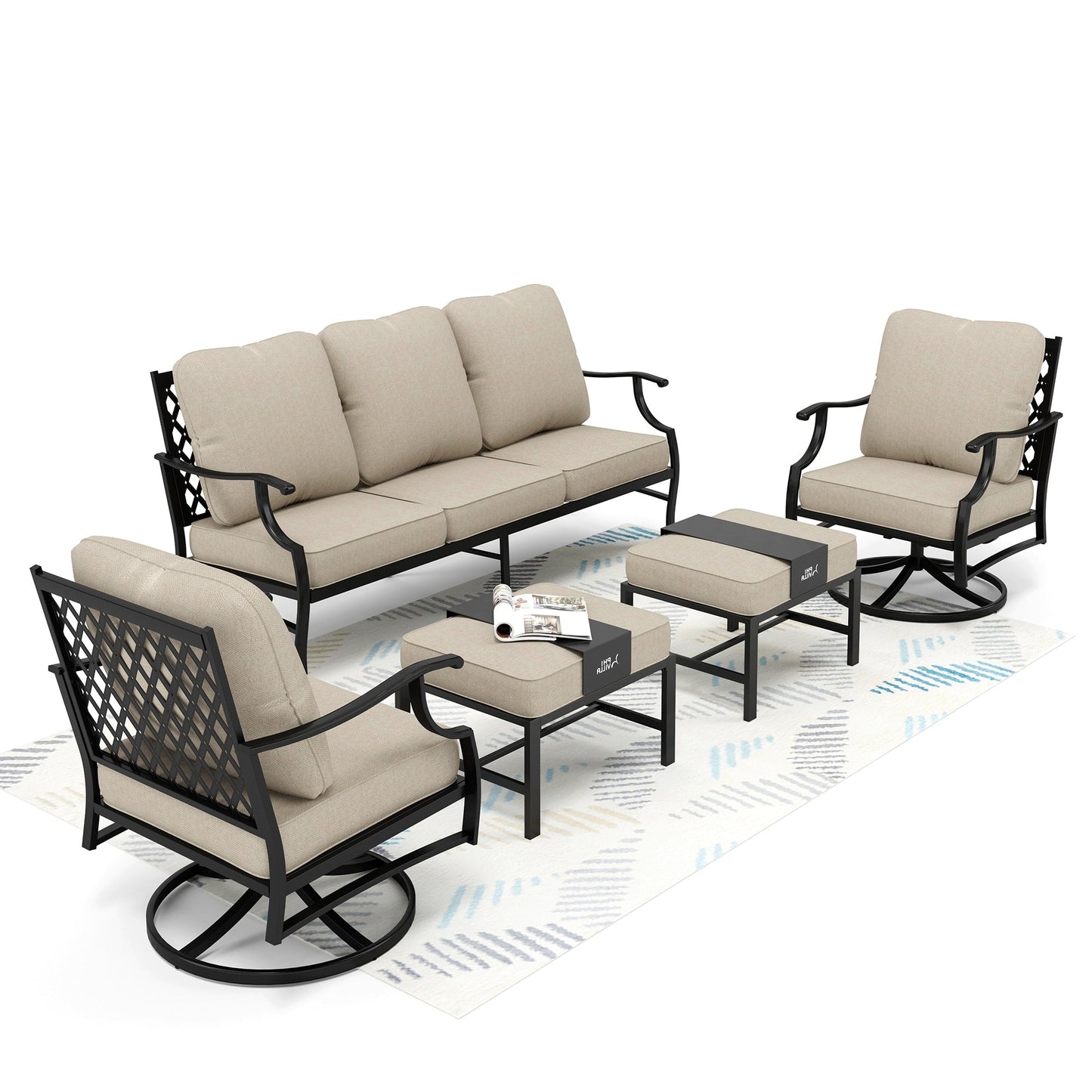 Ensembles de conversation de patio MAISON ARTS 5/7/9 places, ensemble de canapé avec 2 fauteuils simples, canapé 3 places, pouf et table basse