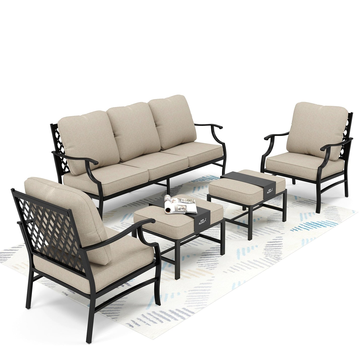 Ensembles de conversation de patio MAISON ARTS 5/7/9 places, ensemble de canapé avec 2 fauteuils simples, canapé 3 places, pouf et table basse