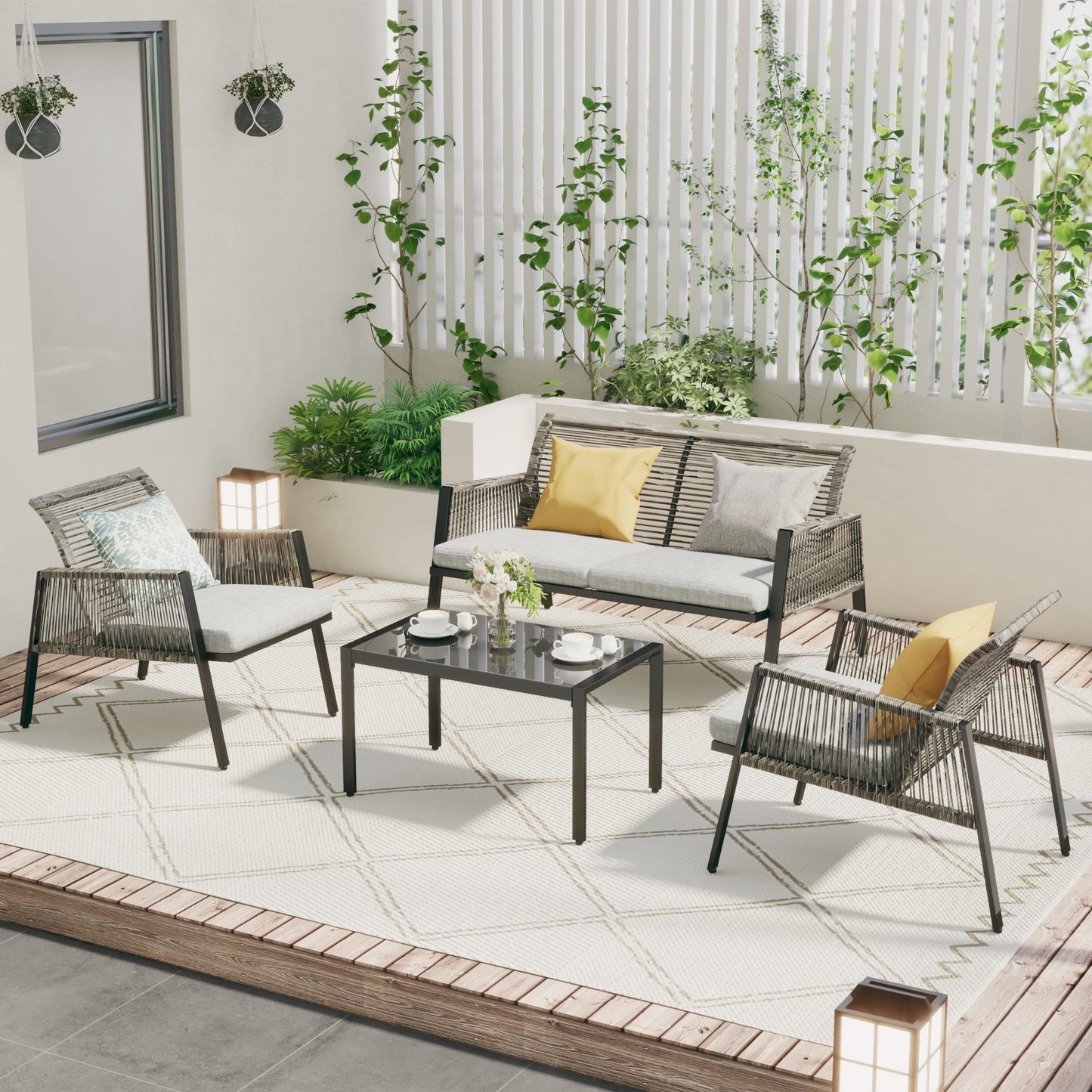 Ensemble de meubles de jardin - Canapé d'extérieur sectionnel en rotin et osier toutes saisons avec coussins moelleux