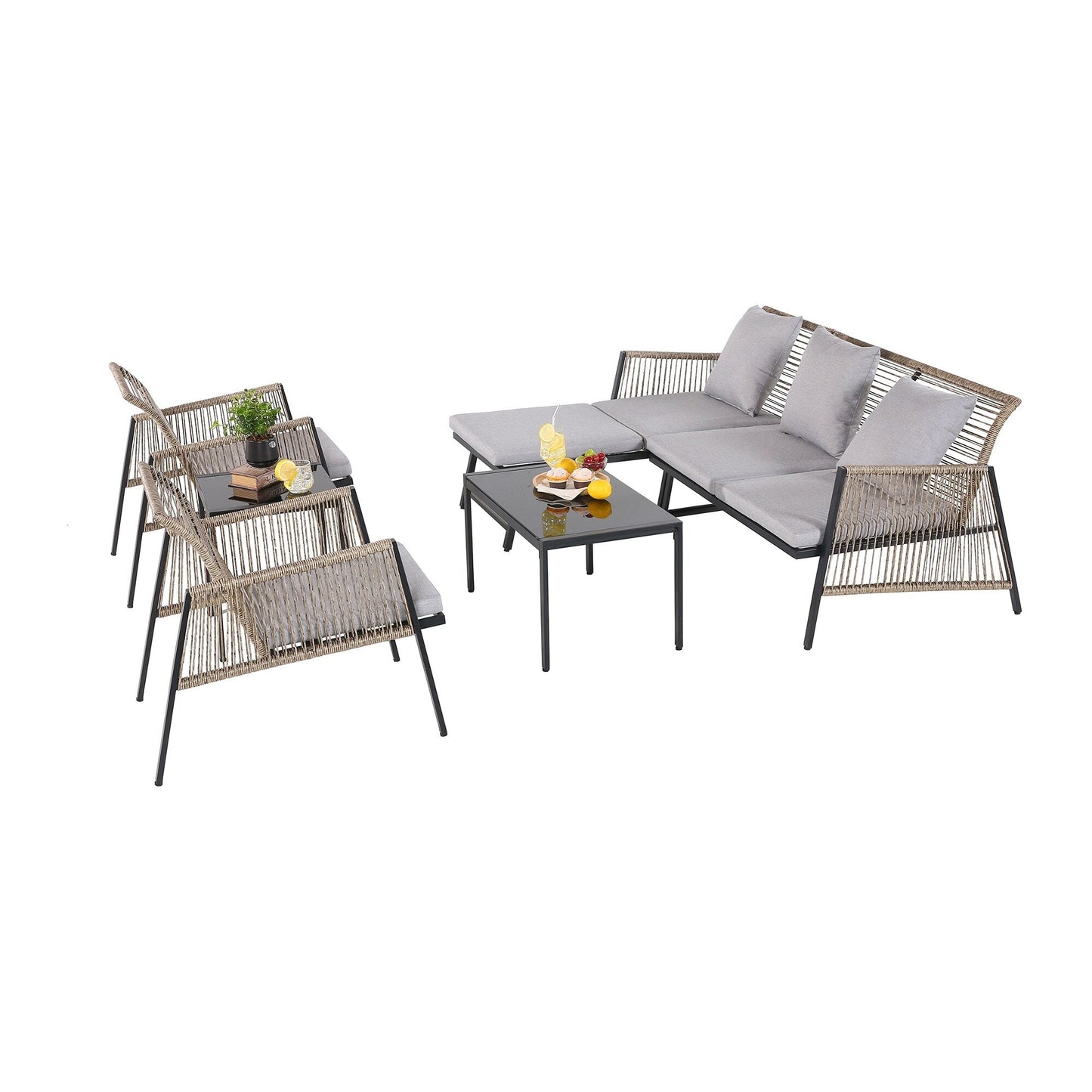 Ensemble de meubles de jardin - Canapé d'extérieur sectionnel en rotin et osier toutes saisons avec coussins moelleux