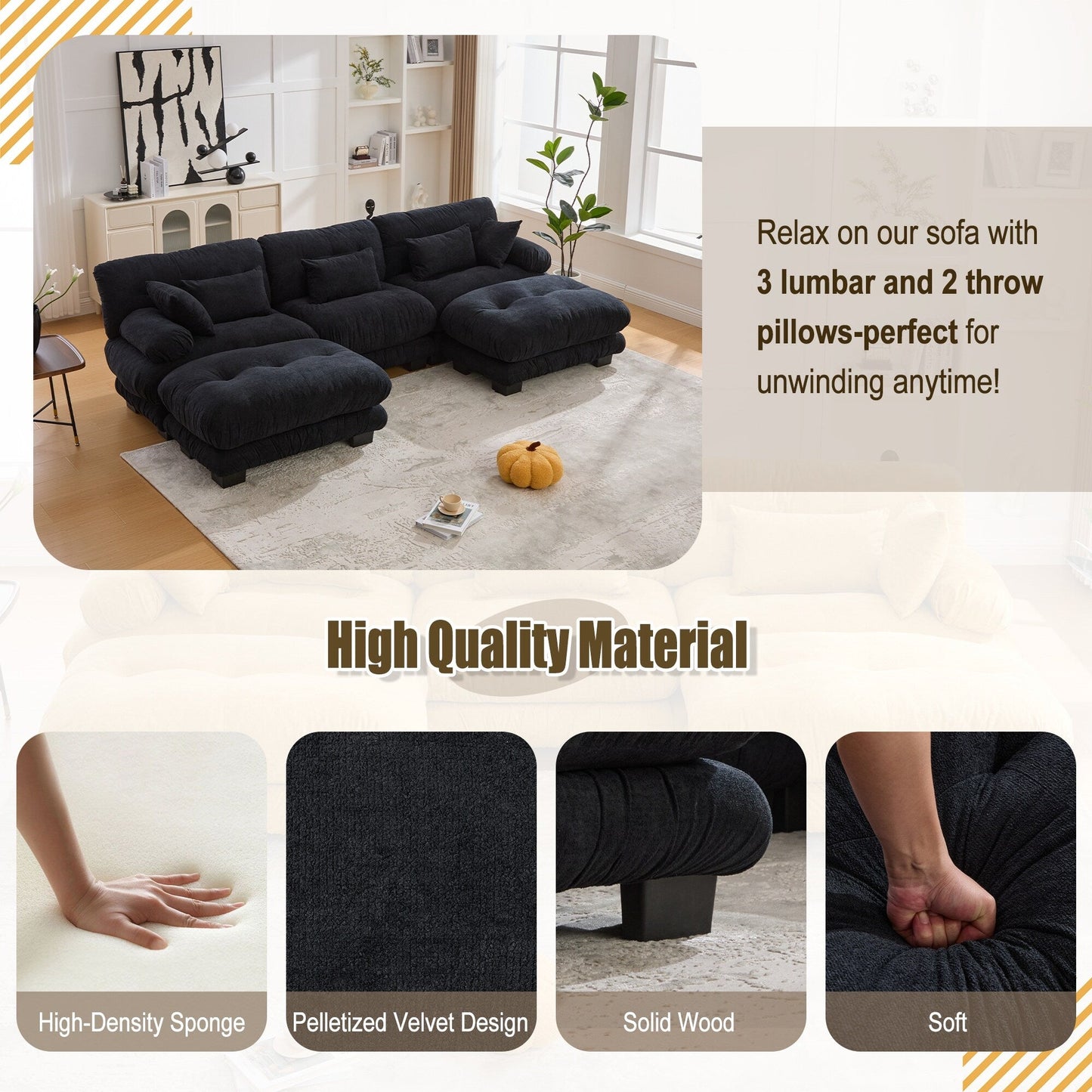 Canapé nuage en velours granulé en forme de U avec 2 poufs, canapé confortable 3 places combiné gratuit avec accoudoirs et coussins traversins