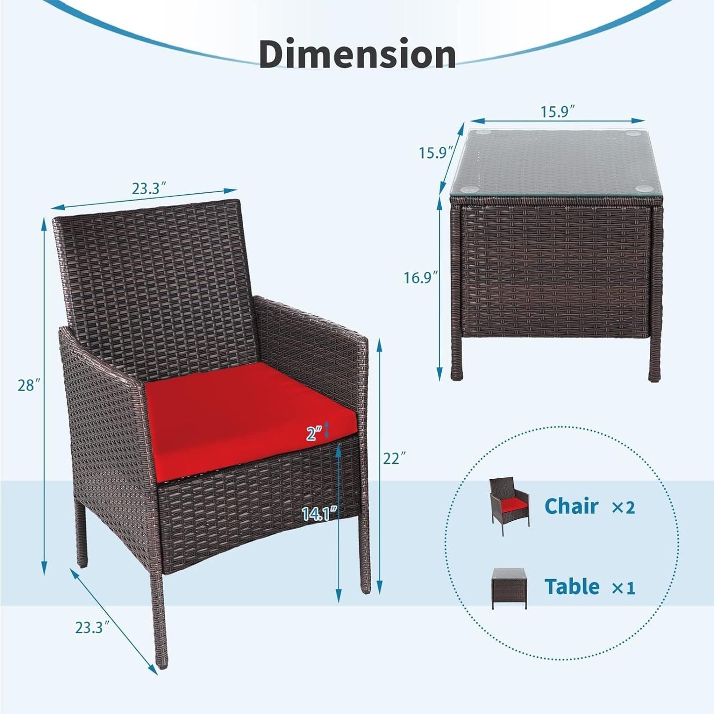 Ensemble de bistrot d'extérieur 3 pièces en osier rembourré Pheap par Havenside Home