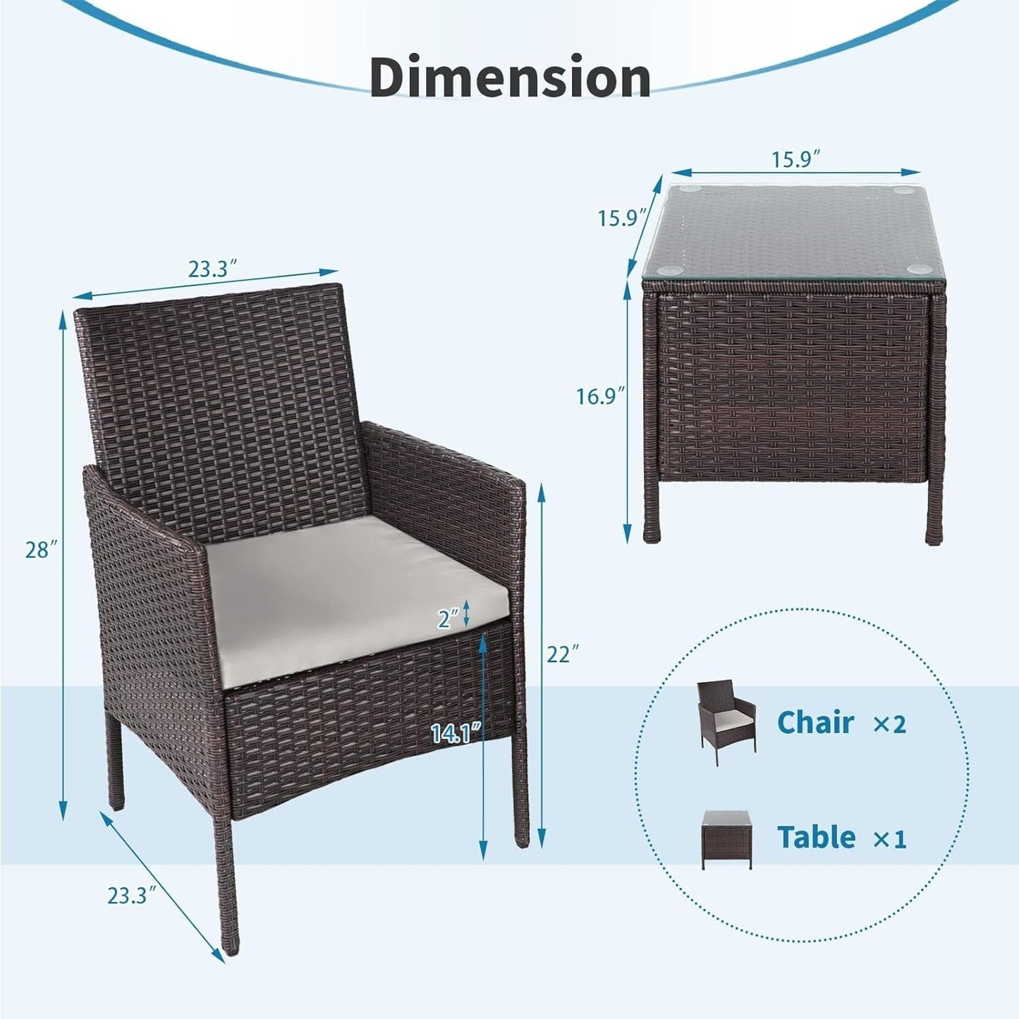 Ensemble de bistrot d'extérieur 3 pièces en osier rembourré Pheap par Havenside Home