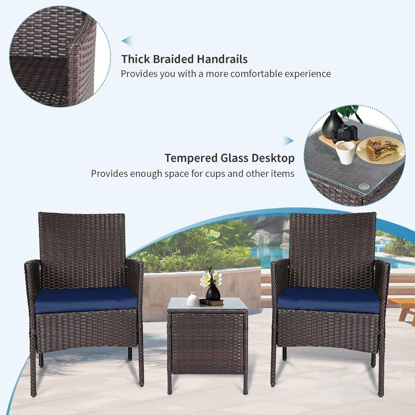 Ensemble de bistrot d'extérieur 3 pièces en osier rembourré Pheap par Havenside Home