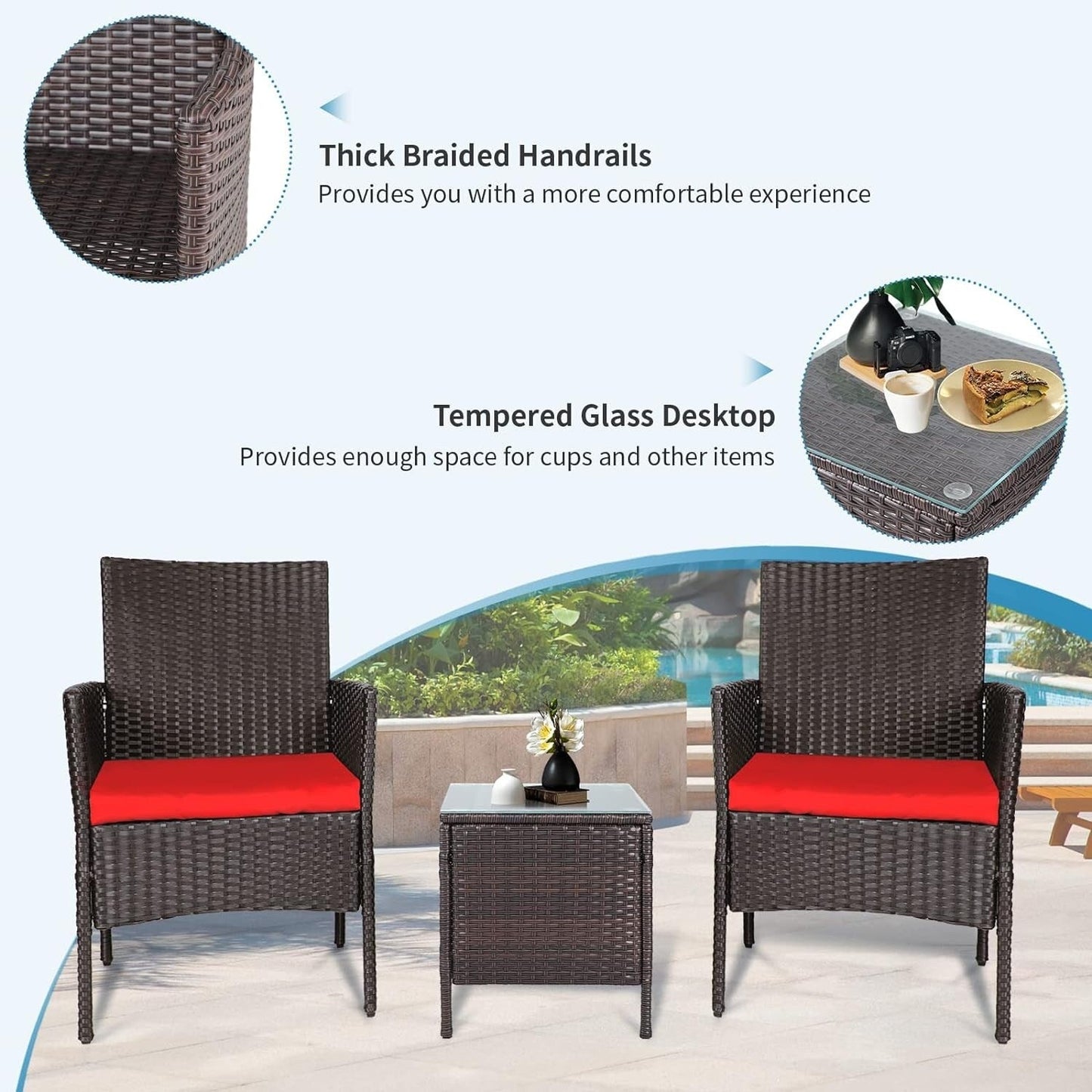 Ensemble de bistrot d'extérieur 3 pièces en osier rembourré Pheap par Havenside Home