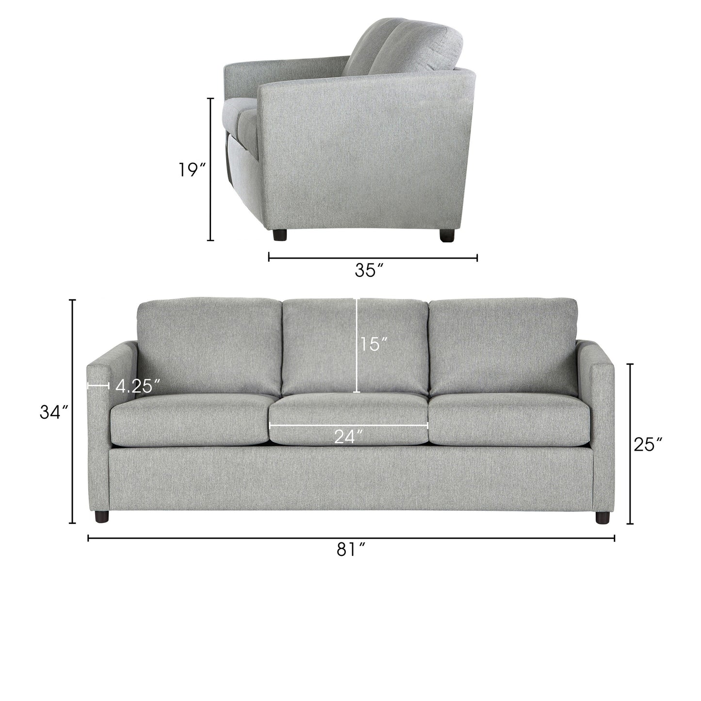 Canapé Piasa, style transitionnel, en polyester gris clair et bois massif, 81 pouces