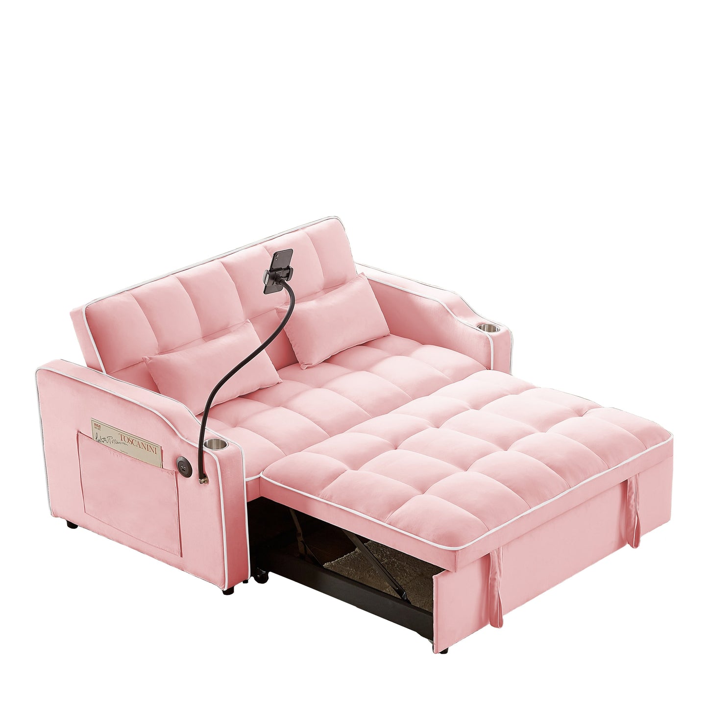 Canapé convertible en velours rose 54,7 avec ports USB et support pour téléphone
