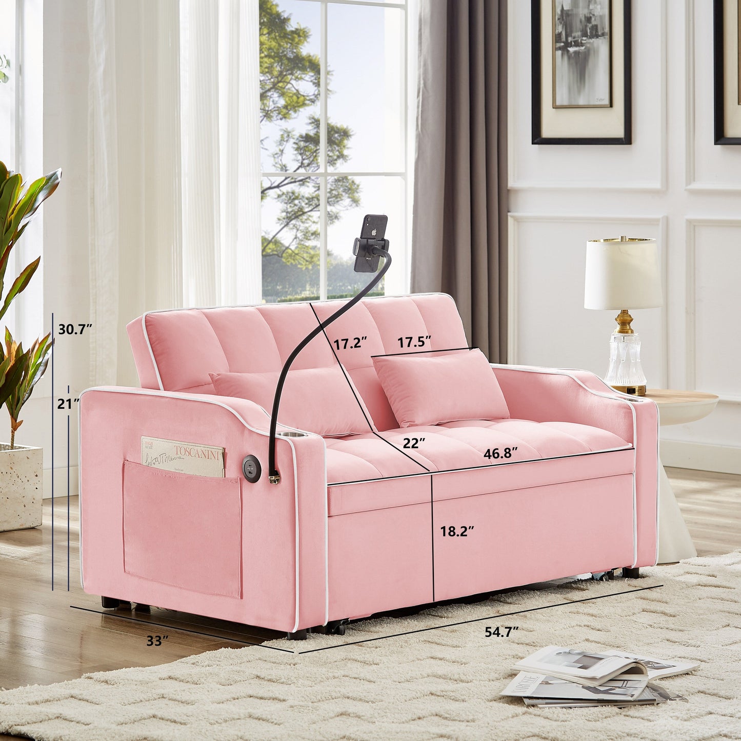 Canapé convertible en velours rose 54,7 avec ports USB et support pour téléphone