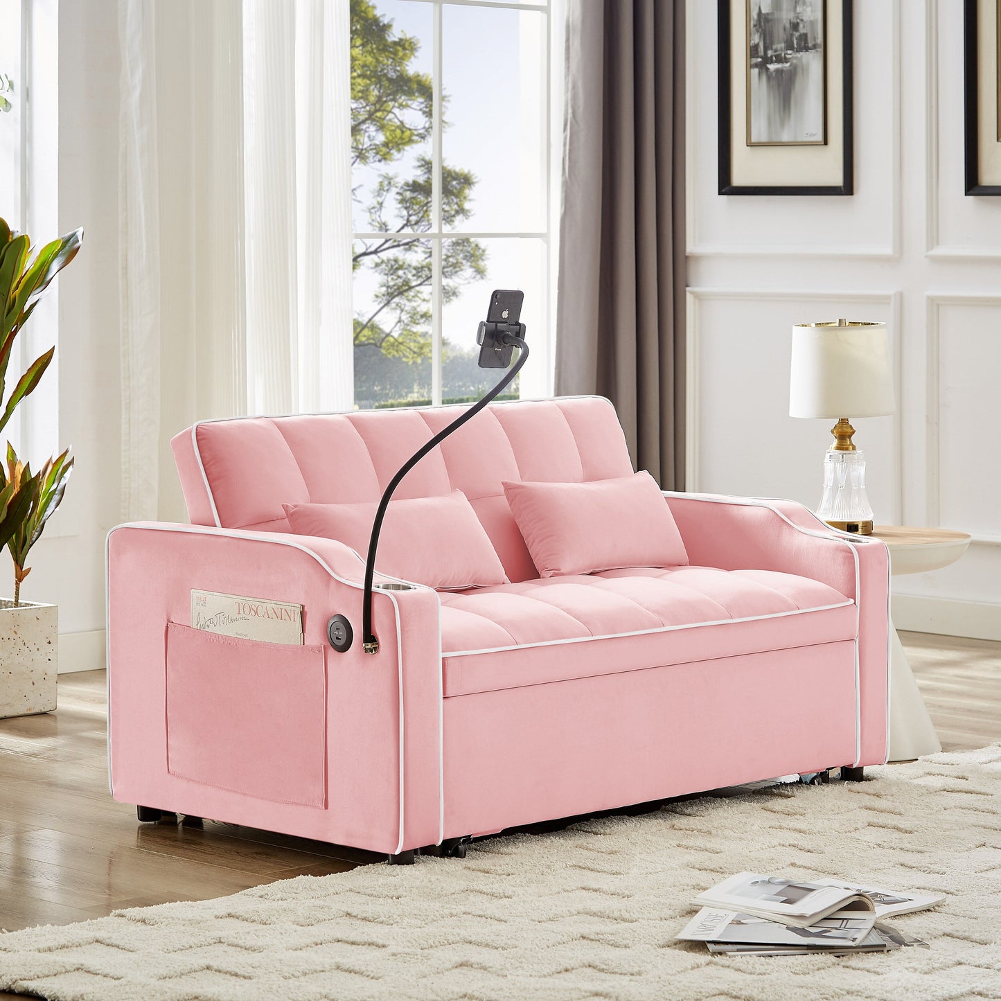 Canapé convertible en velours rose 54,7 avec ports USB et support pour téléphone