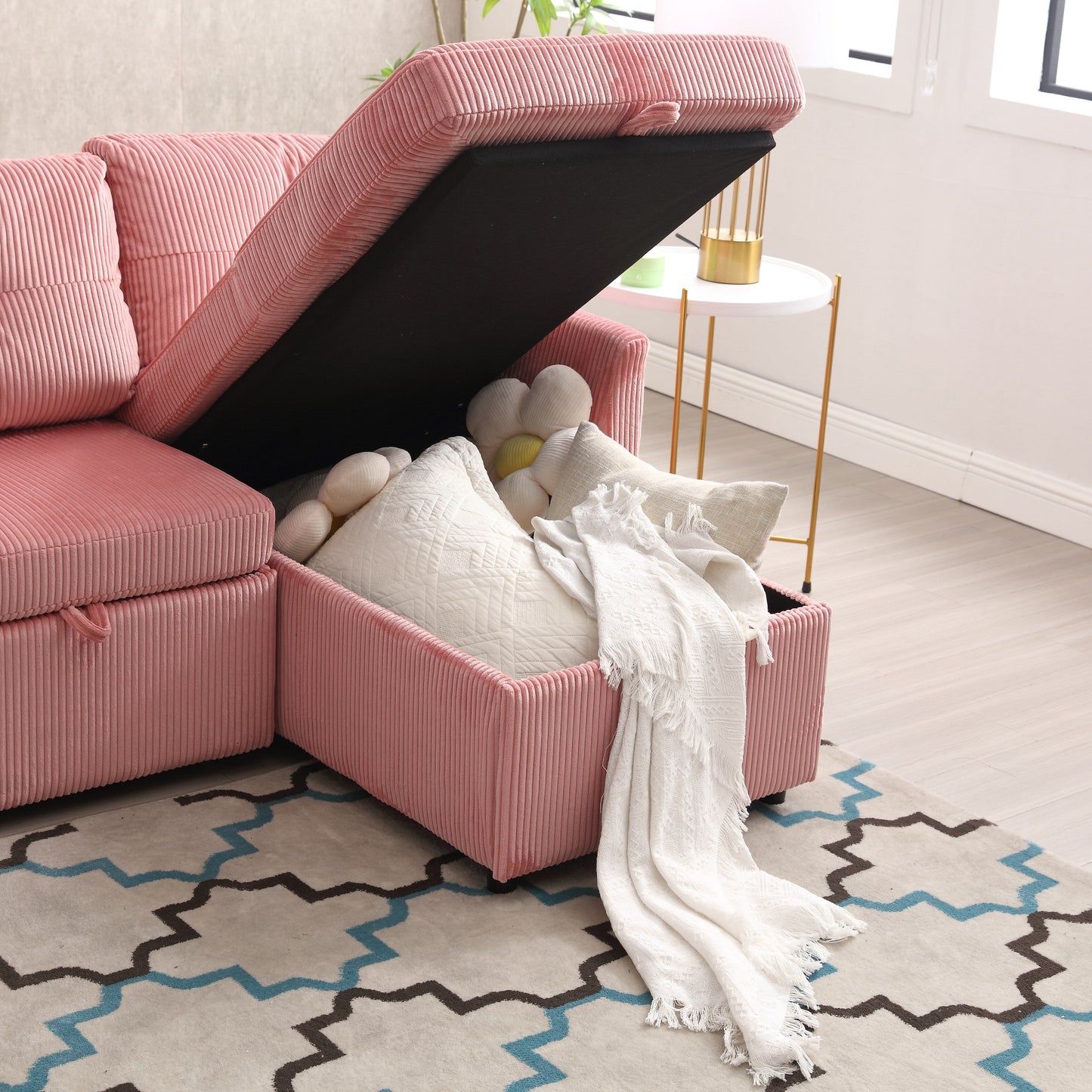 Canapé en L en tissu rose 81.1 avec méridienne réversible, rangement et structure en bois massif