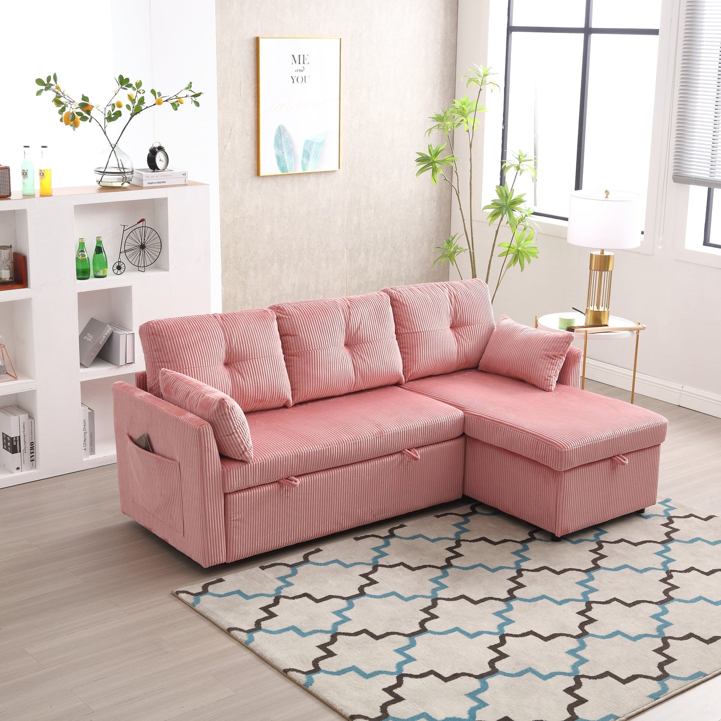 Canapé en tissu rose en forme de L de 206 cm : méridienne réversible, rangement, structure en bois massif et assise en mousse