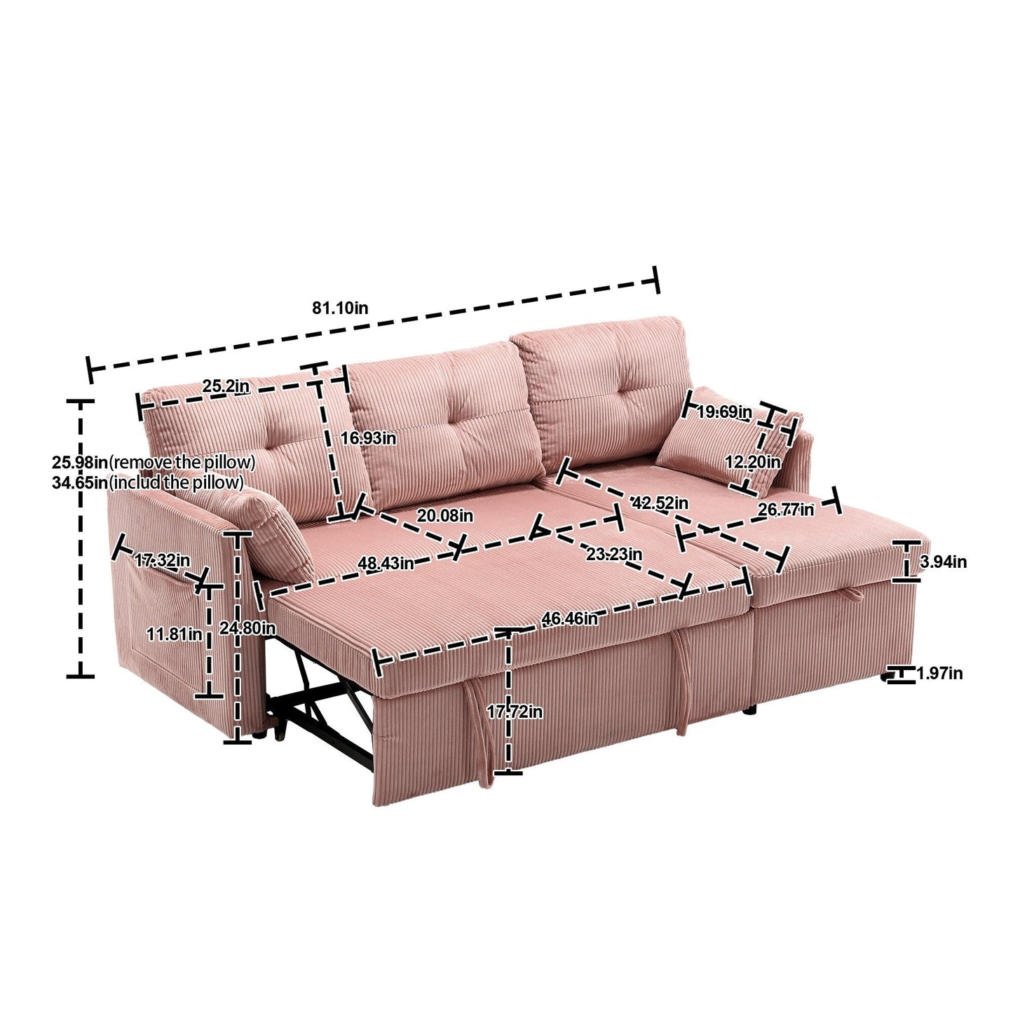 Canapé en L rose de 81,1 pouces avec méridienne réversible et rangement