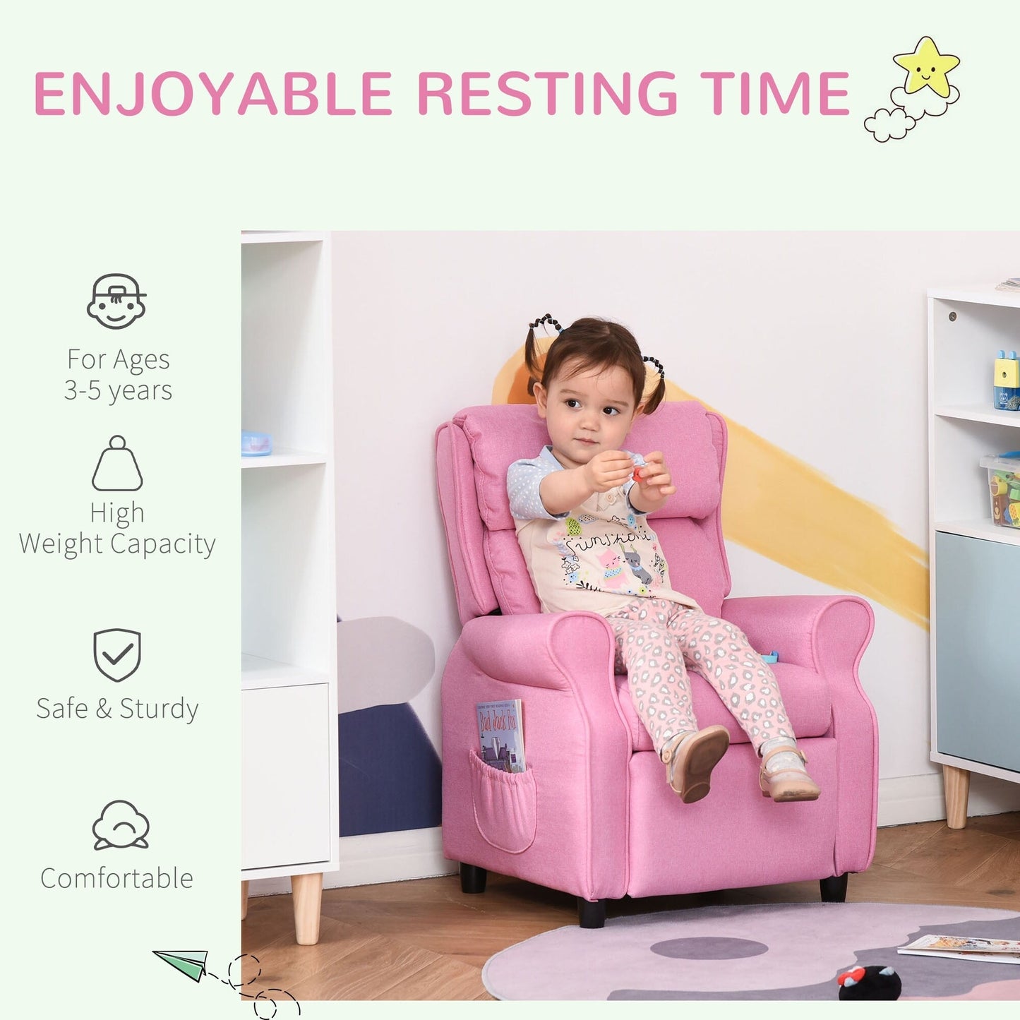 Fauteuil inclinable manuel rembourré pour enfants de 3 à 5 ans avec repose-pieds et 2 poches latérales