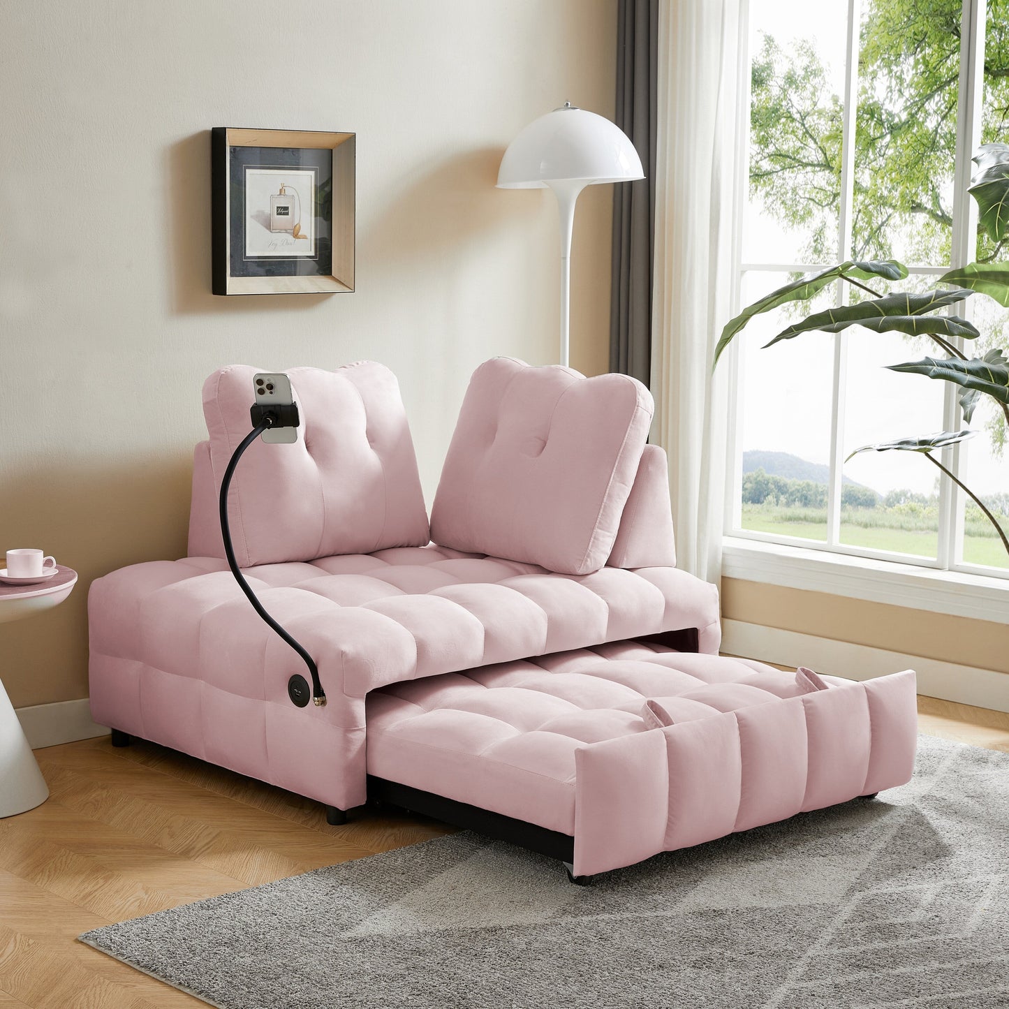 Canapé-lit gigogne en velours rose moderne 74 avec dossier amovible, port USB et support de téléphone pivotant