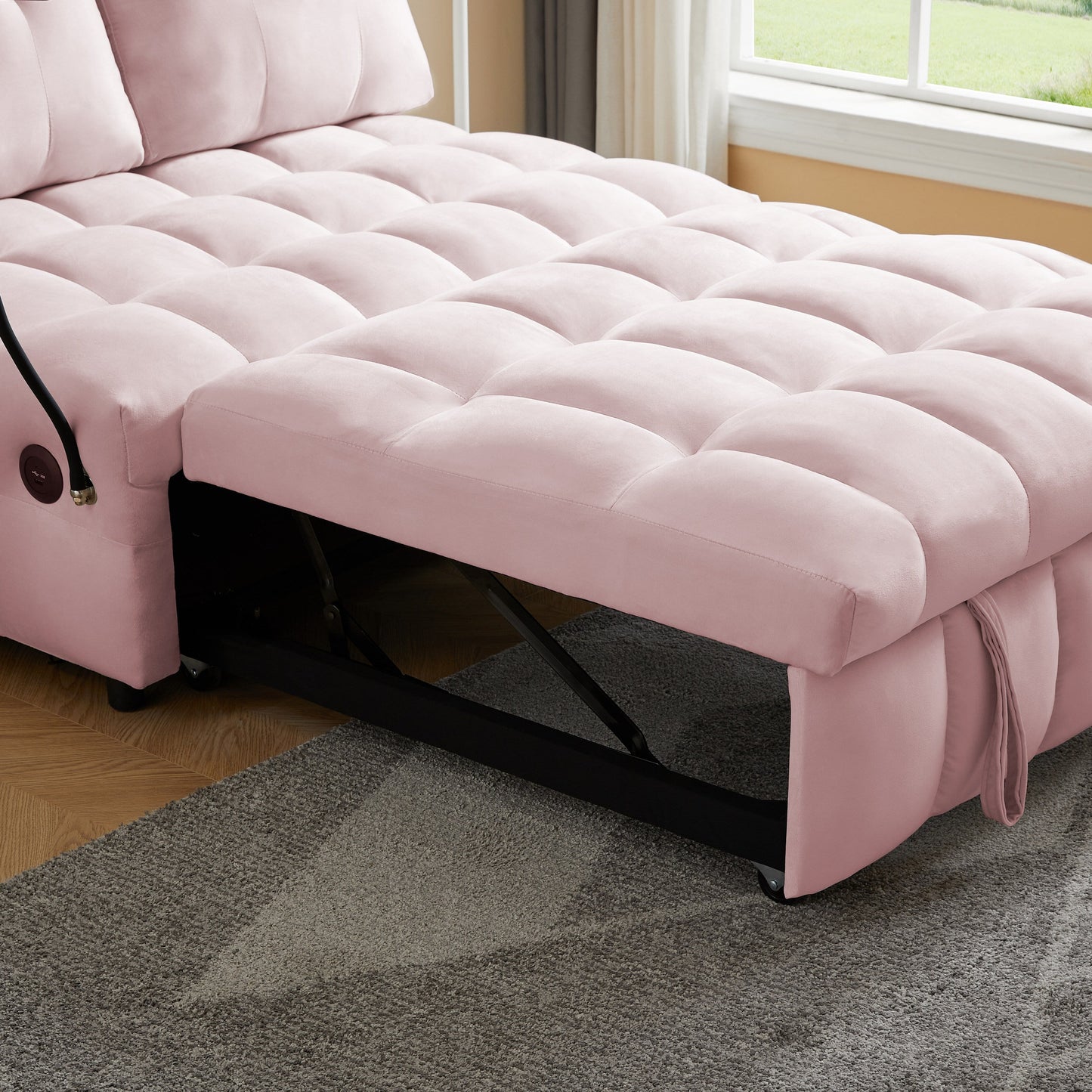 Canapé-lit gigogne en velours rose moderne 74 avec dossier amovible, port USB et support de téléphone pivotant