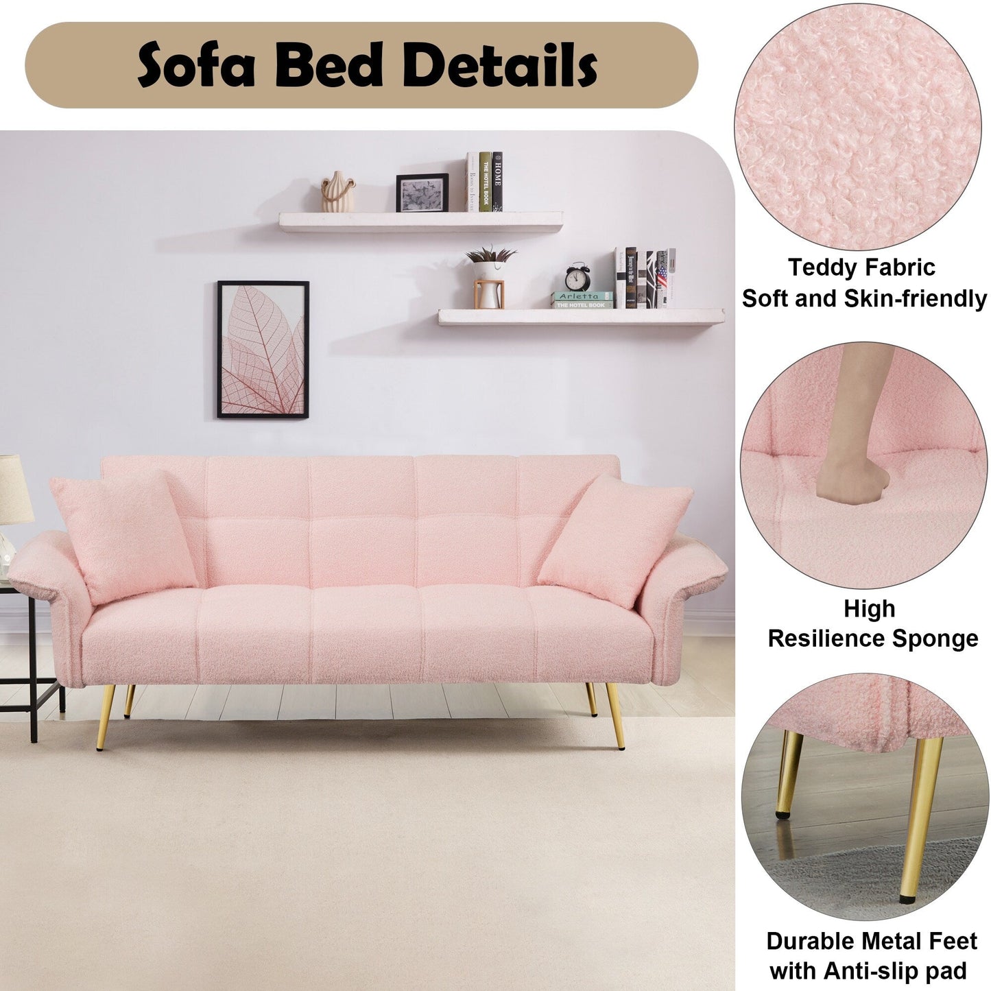 Canapé-lit futon convertible en polaire rose
