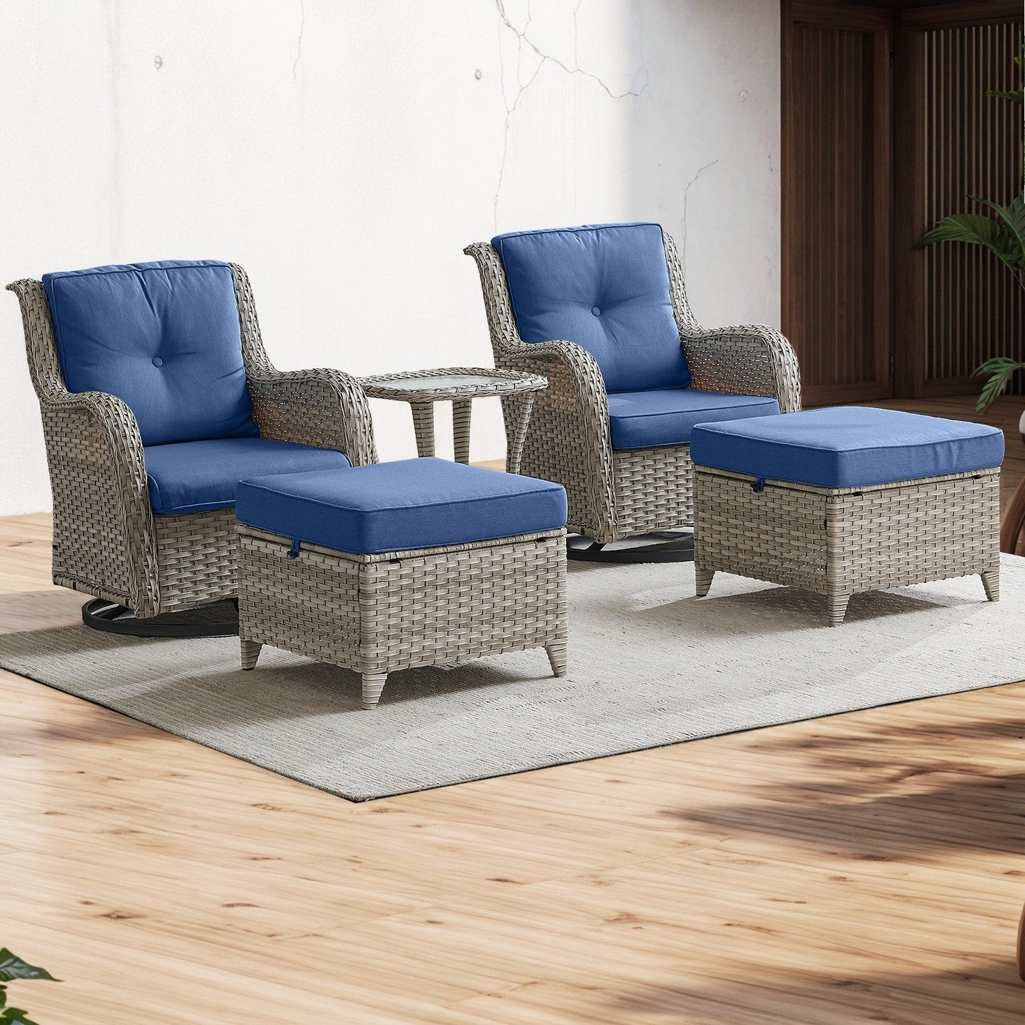 Ensemble de mobilier d'extérieur Pocassy 5 pièces, chaises pivotantes avec poufs