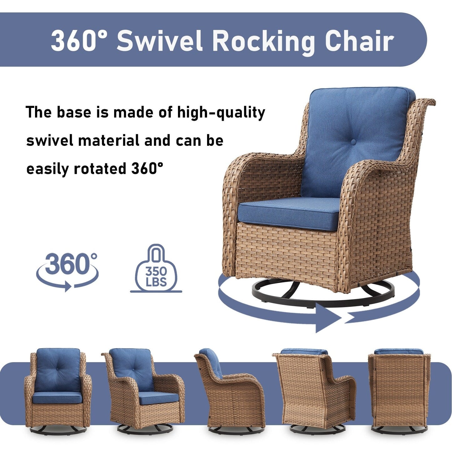 Ensemble de mobilier d'extérieur Pocassy 5 pièces, chaises pivotantes avec poufs