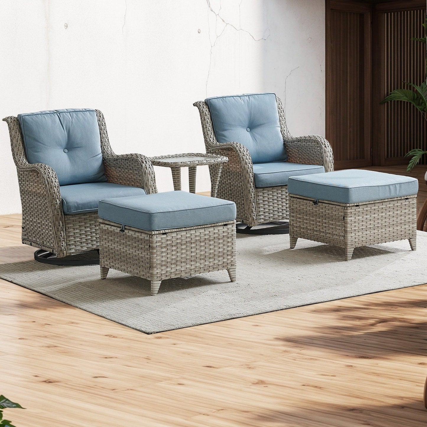 Ensemble de mobilier d'extérieur Pocassy 5 pièces, chaises pivotantes avec poufs