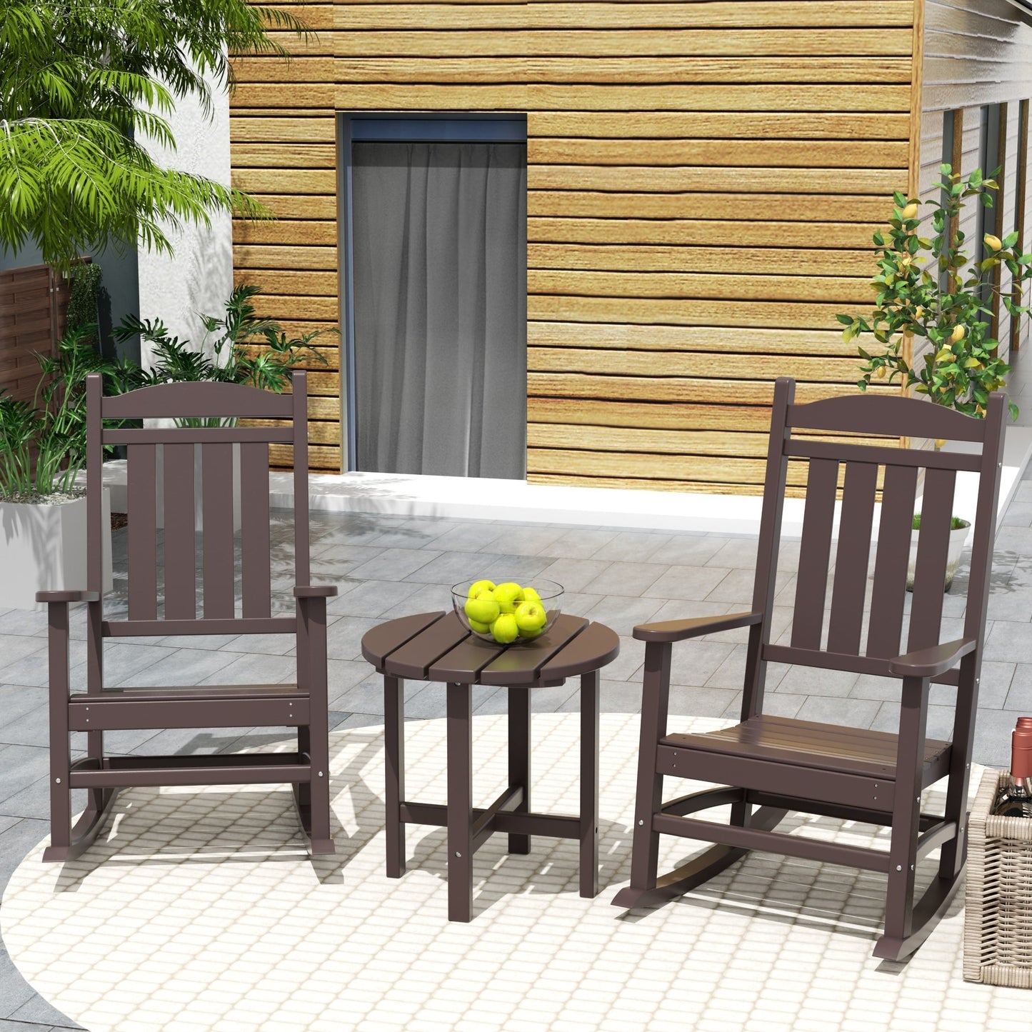 Chaises à bascule d'extérieur Polytrends Laguna en PEHD toutes saisons avec table d'appoint (ensemble de 3 pièces)